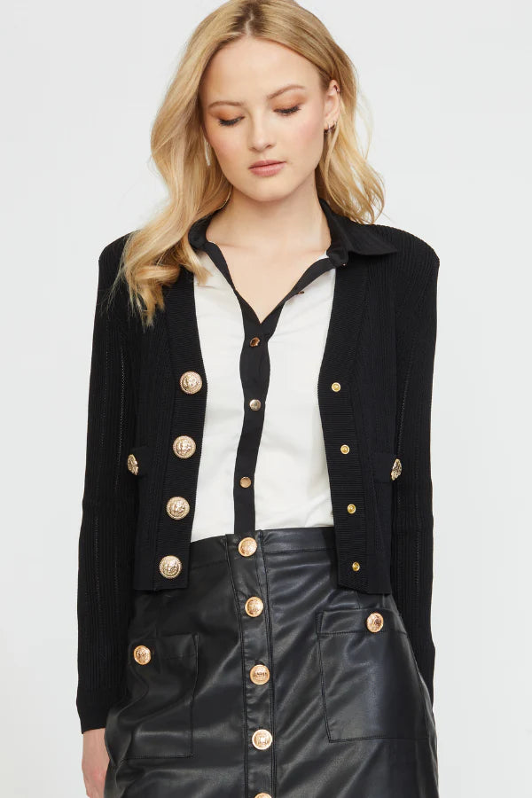 Women's Black Fitted Shoulder Pad Cardigan Sweater - Stylish & Comfortable for Work, Office, and Casual Outfits