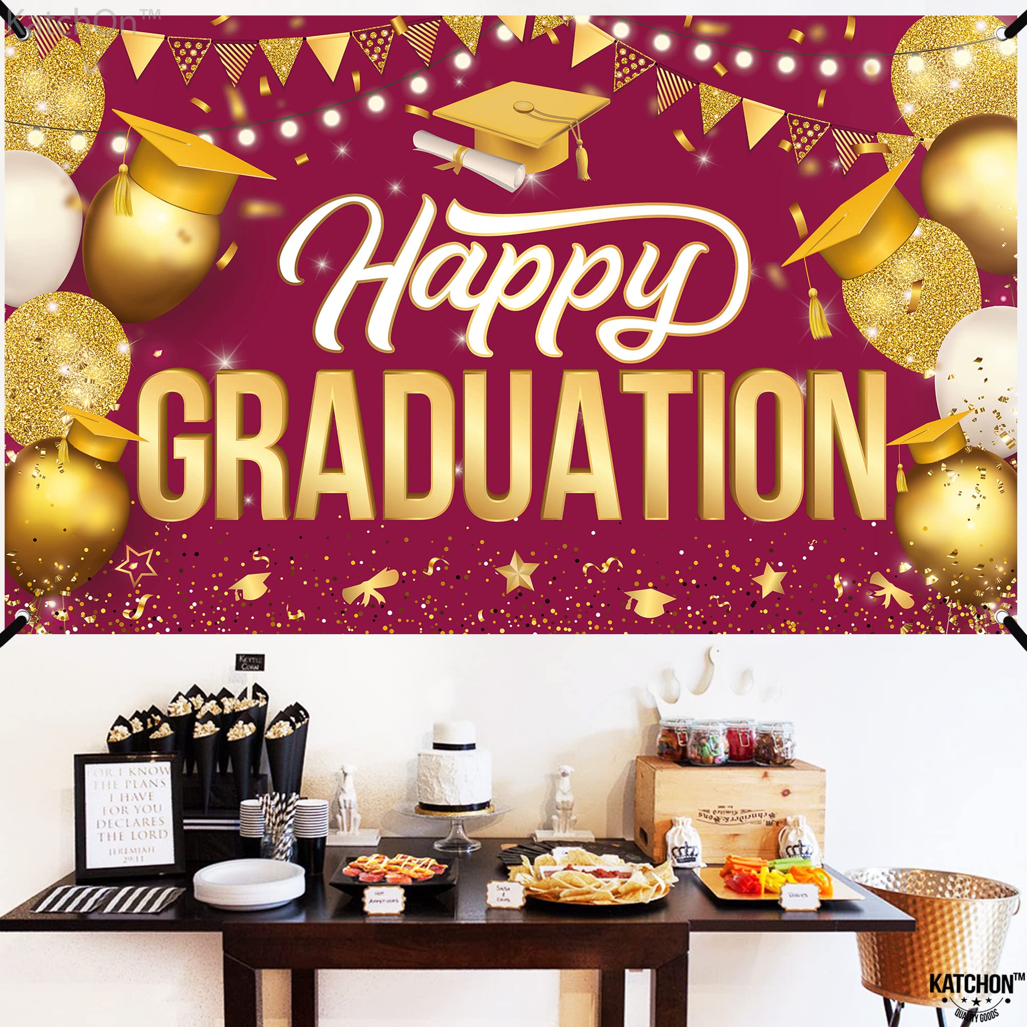KatchOn Extra Large Happy Graduation Banner - 72x44 Inch Maroon & Gold Backdrop for Class of 2025 | 2025 Graduation Decorations, Party Supplies & Photo Booth Background | Perfect for High School, College Ceremonies & Graduation Parties