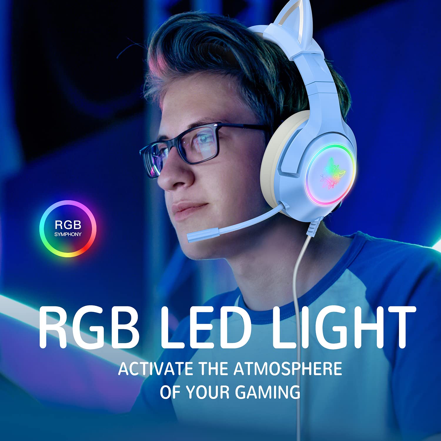 Blue Gaming Headset with Removable Cat Ears - Wireless Over-Ear Headphones for PC, PS4, PS5, Xbox One & Mobile | 7.1 Surround Sound, RGB Lighting, Retractable Mic | Perfect for Gaming, Streaming & Online Classes
