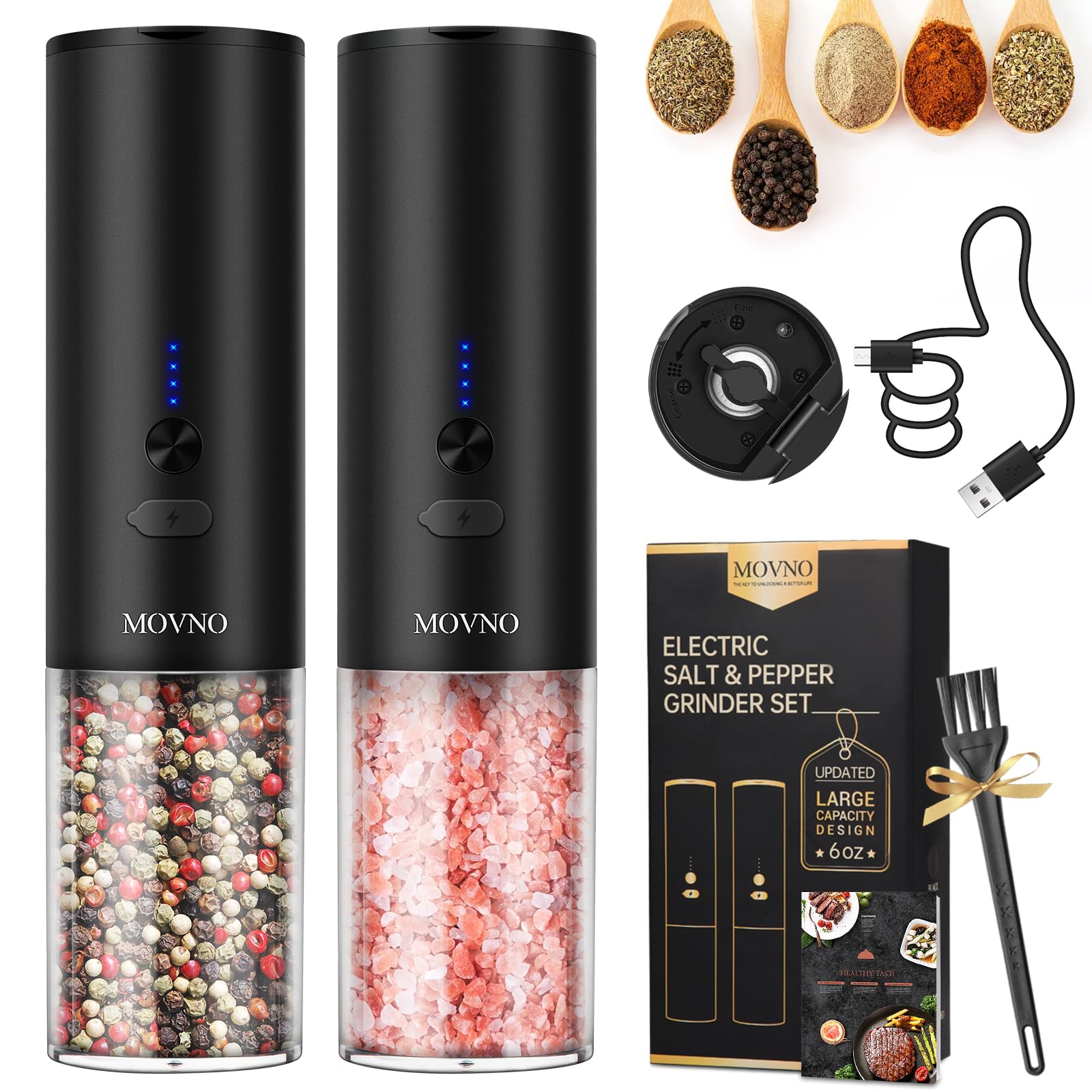 MOVNO Electric Salt and Pepper Grinder Set - USB Rechargeable, Adjustable Coarseness, LED Light, Large Capacity - Automatic Refillable Spice Mill for Kitchen, Dining & Cooking