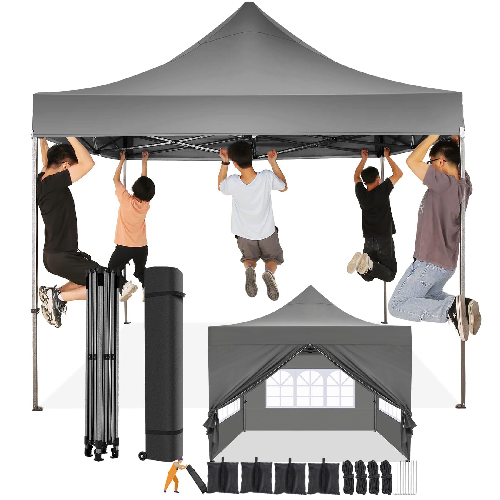 COBIZI 10x10 Pop Up Canopy Tent - Heavy Duty Waterproof Commercial Canopy with 4 Sidewalls & Wheeled Carry Bag - Gray 10x10ft Outdoor Shelter for Parties, Events, Camping, Beach & Backyard Gatherings