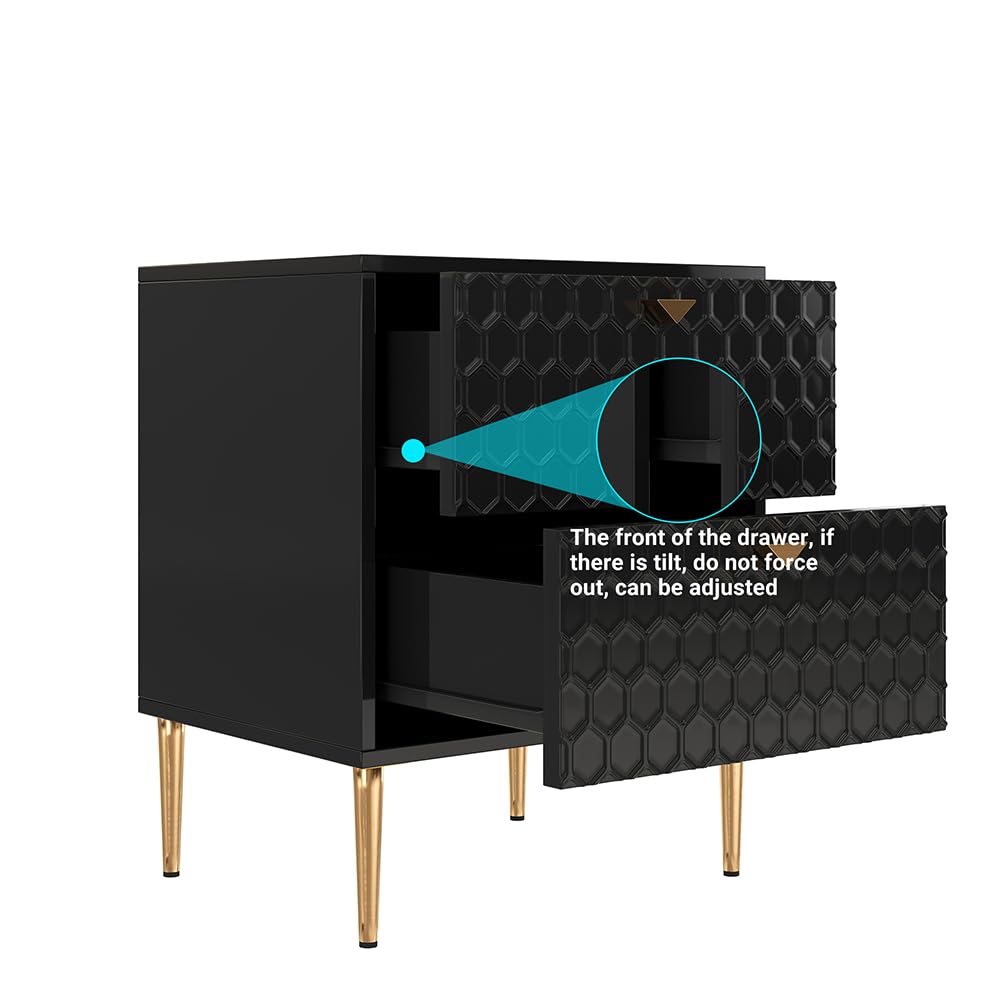 Modern Nightstand with 2 Drawers - Bedside Table with Brass Knobs for Bedroom & Living Room - Stylish Black End Table - Perfect for Storing Books, Lamps & Bedroom Essentials