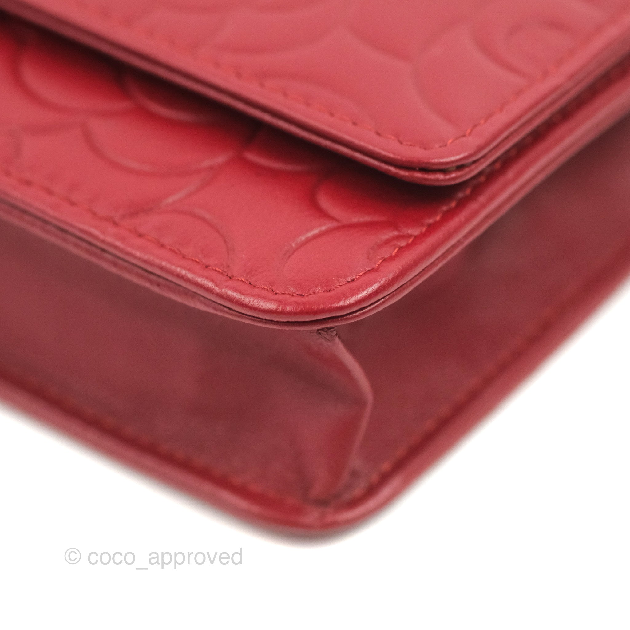 Chanel Camellia Embossed Wallet on Chain WOC in Red Lambskin with Silver Hardware - Luxury Crossbody Bag for Women, Perfect for Evening Events & Date Nights