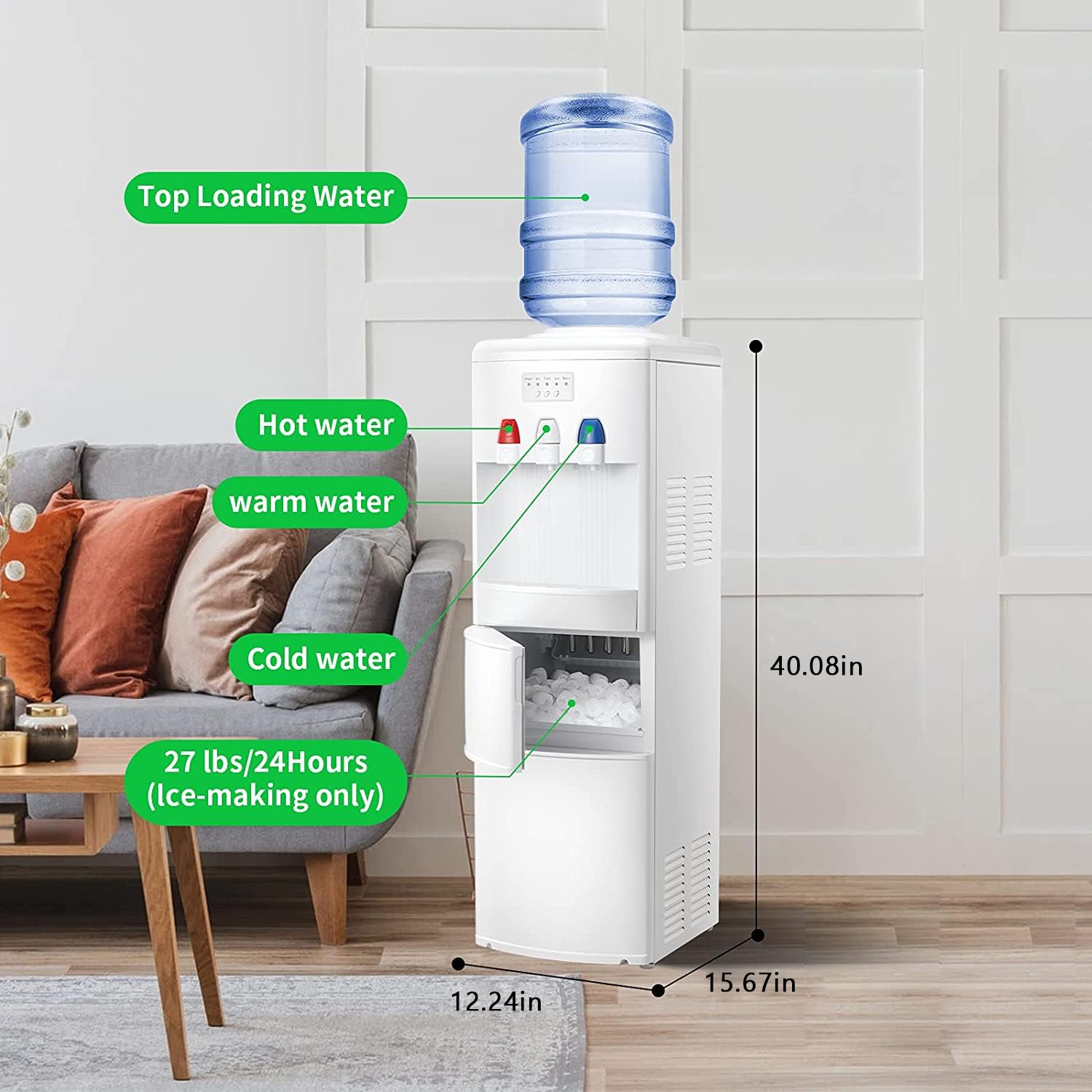 Antarctic Star 2-in-1 Water Cooler Dispenser with Built-in Ice Maker | Hot & Cold Top Loading 3-5 Gallon Bottle Water Dispenser | 27LBS/24H Ice Production | Child Safety Lock | White | Perfect for Home, Office & Kitchen Use