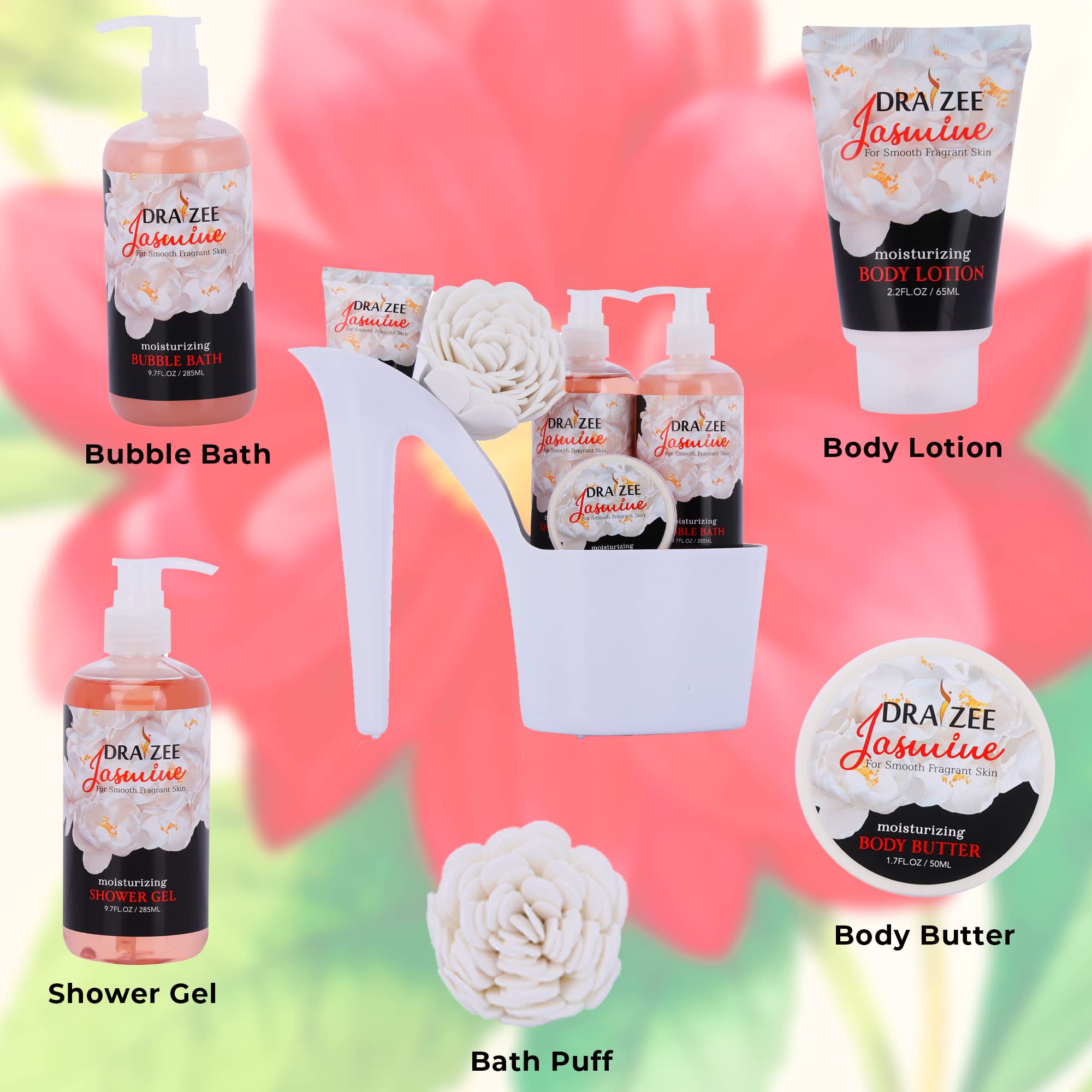 Luxury Spa Gift Set for Women - 4-Piece Bath & Body Basket with Rose, Cherry, Spearmint & Jasmine Scents | Includes Shower Gel, Bubble Bath, Loofah Puff, Body Butter & Lotion | Perfect Birthday, Mother's Day & Christmas Present | Relaxing Self-Care & Pampering Gift Idea