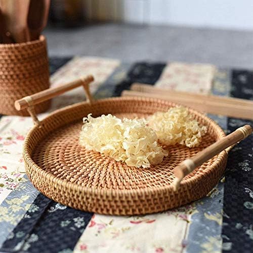 Hand-Woven Rattan Storage Basket with Handle - Round Wicker Tray for Bread, Fruits & Food Display - Perfect for Kitchen Countertop, Dining Table & Breakfast Serving