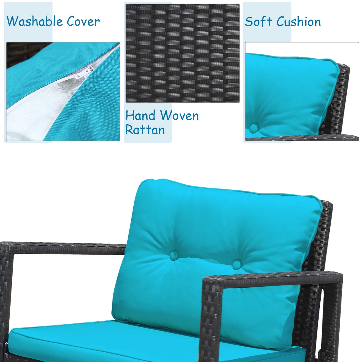 Tangkula 3-Piece Outdoor Wicker Rocking Bistro Set with Cushioned Chairs, Glass Coffee Table & Storage Shelf - Turquoise Patio Furniture for Garden, Porch & Backyard Relaxation