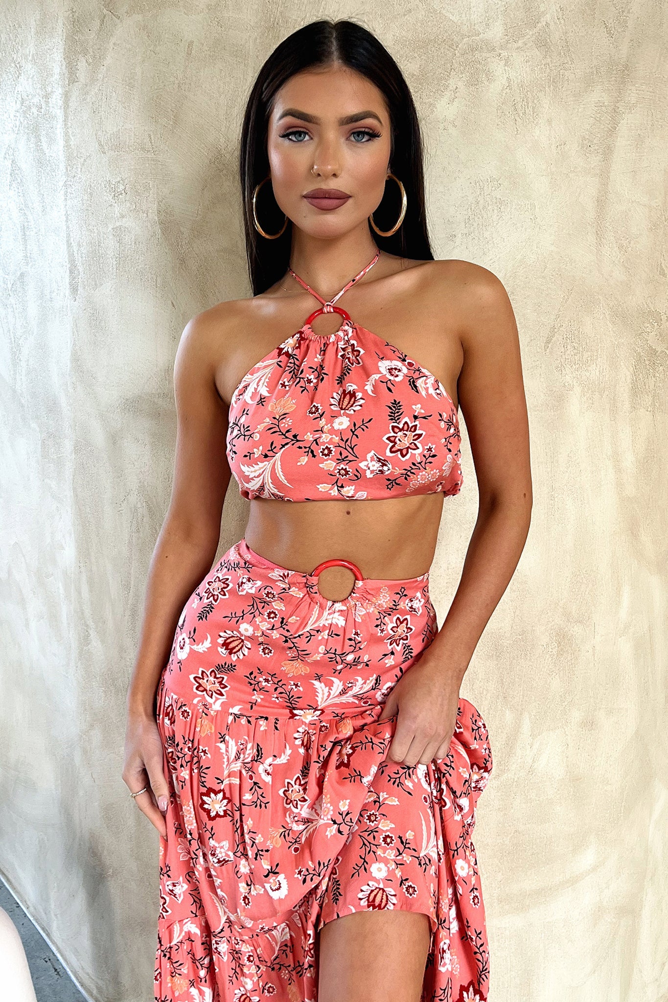 Lora Crop Top - Coral Floral Print Women's Summer T-Shirt | Boho Chic Blouse for Beach, Music Festivals & Casual Outfits