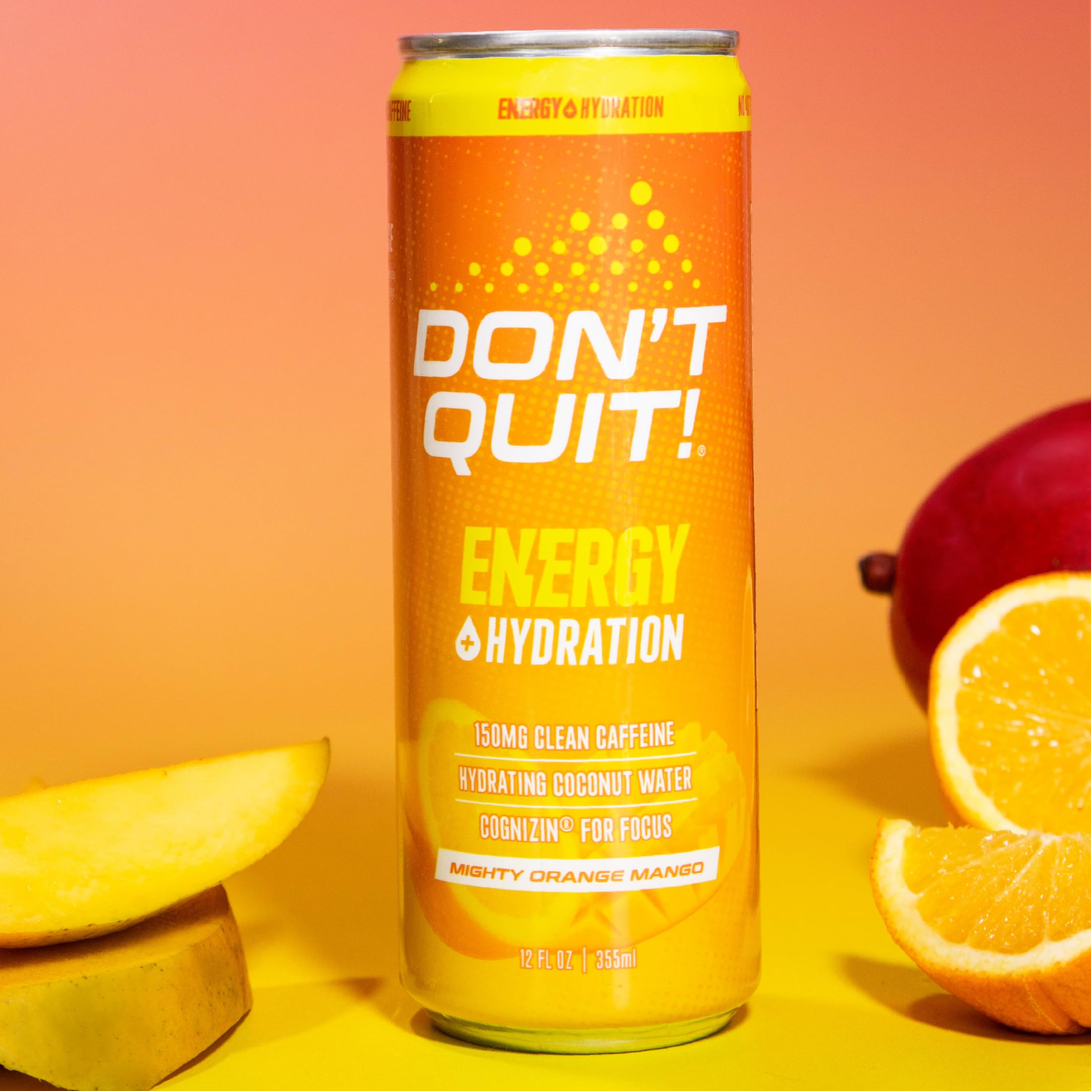 DON’T QUIT Clean Sports Energy Drink - 150mg Natural Caffeine, Coconut Water & Electrolytes for Hydration, Cognizin® for Focus - Mighty Orange Mango (12 Pack) | Pre-Workout Boost, Study Aid & Active Lifestyle Hydration