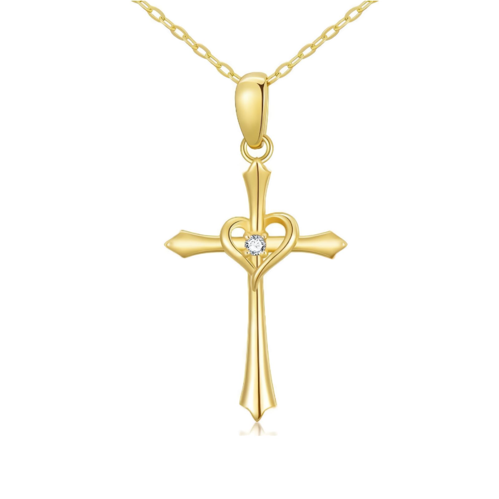 YDD 14K Solid Gold Cross Necklace for Women - Elegant Gold Chain with Dainty Cross Pendant, Heart Necklace Gift for Her, Mom, Wife (16