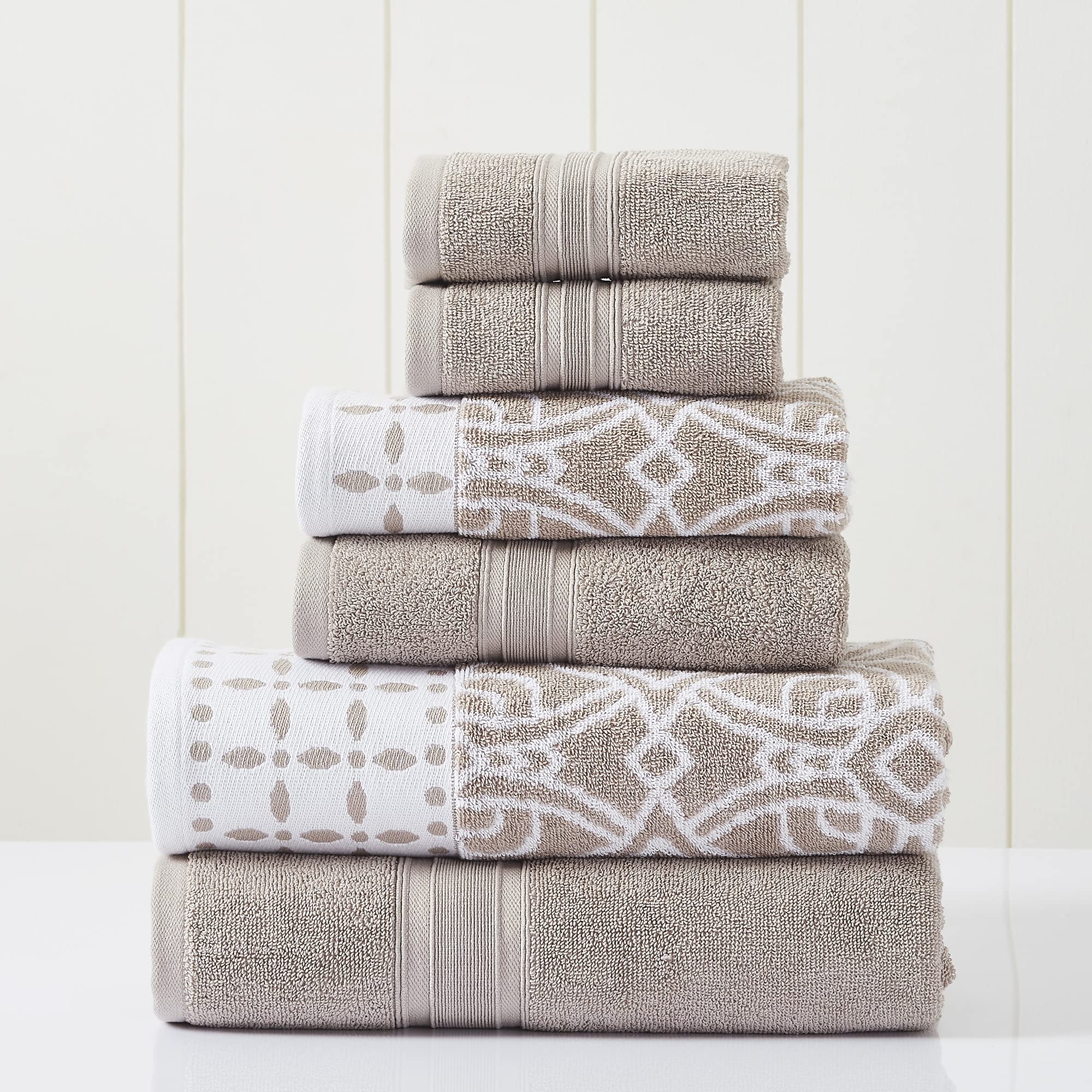 Premium 6-Piece Bath Towel Set - 2 Bath Towels, 2 Hand Towels, 2 Washcloths | Yarn-Dyed Jacquard & Solid Design in Monroe Fawn | Soft & Absorbent for Spa, Bathroom, and Guest Use