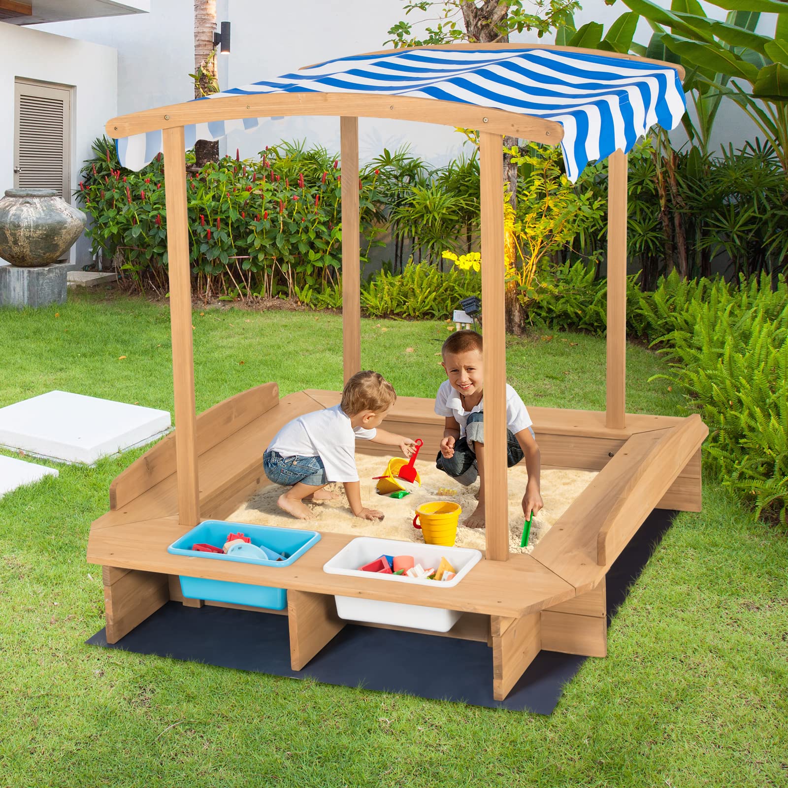 **HONEY JOY Kids Sandbox with Canopy - Outdoor Wooden Sand Pit with Liner, 2 Storage Bins & Built-in Benches - Square Backyard Sandbox for Toddlers & Children - Perfect for Playtime, Sensory Activities & Outdoor Fun**