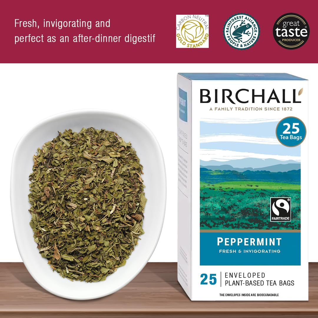 Organic Birchall Peppermint Herbal Tea - 25 Individually Wrapped Tea Bags | Caffeine-Free, Digestive Aid & Stress Relief | Perfect for Afternoon Relaxation or Post-Meal Refreshment