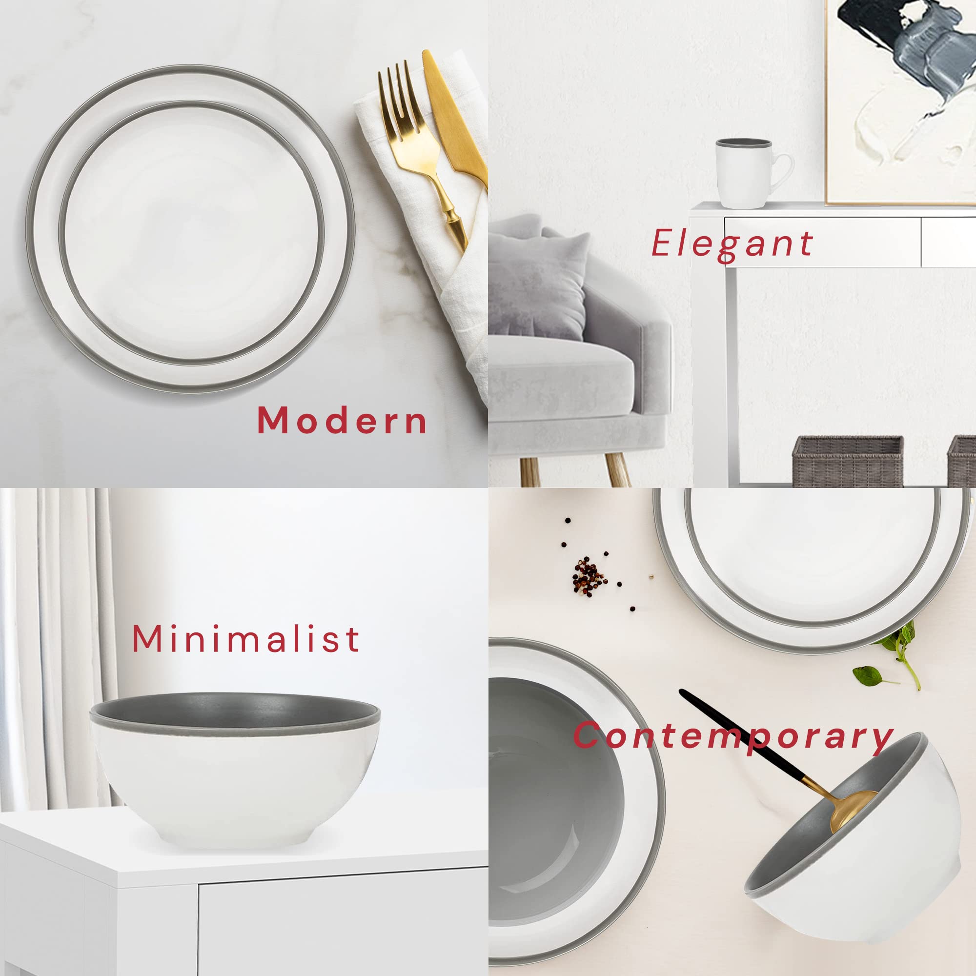 Safdie & Co. - 16-Piece Modern Stoneware Dinnerware Set, Luna Tone Plates & Bowls for Indoor/Outdoor Use, Dishwasher Safe White & Grey - Perfect for Family Dinners, Entertaining Guests, and Outdoor Dining