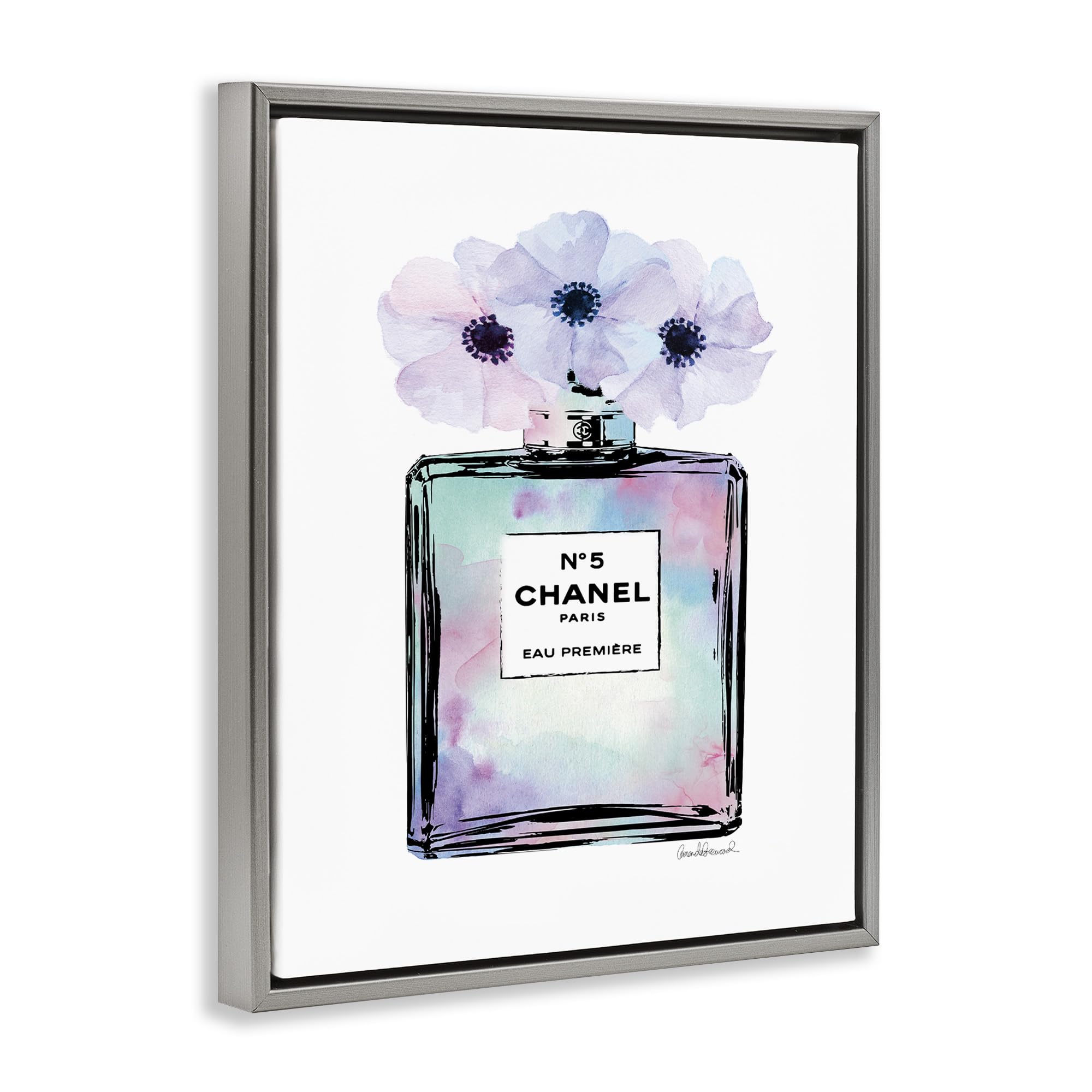 Stupell Industries Purple Flower Perfume Glam Fashion Wall Art - Floater Frame Canvas Print by Amanda Greenwood - Elegant Home Decor for Living Room, Bedroom & Office