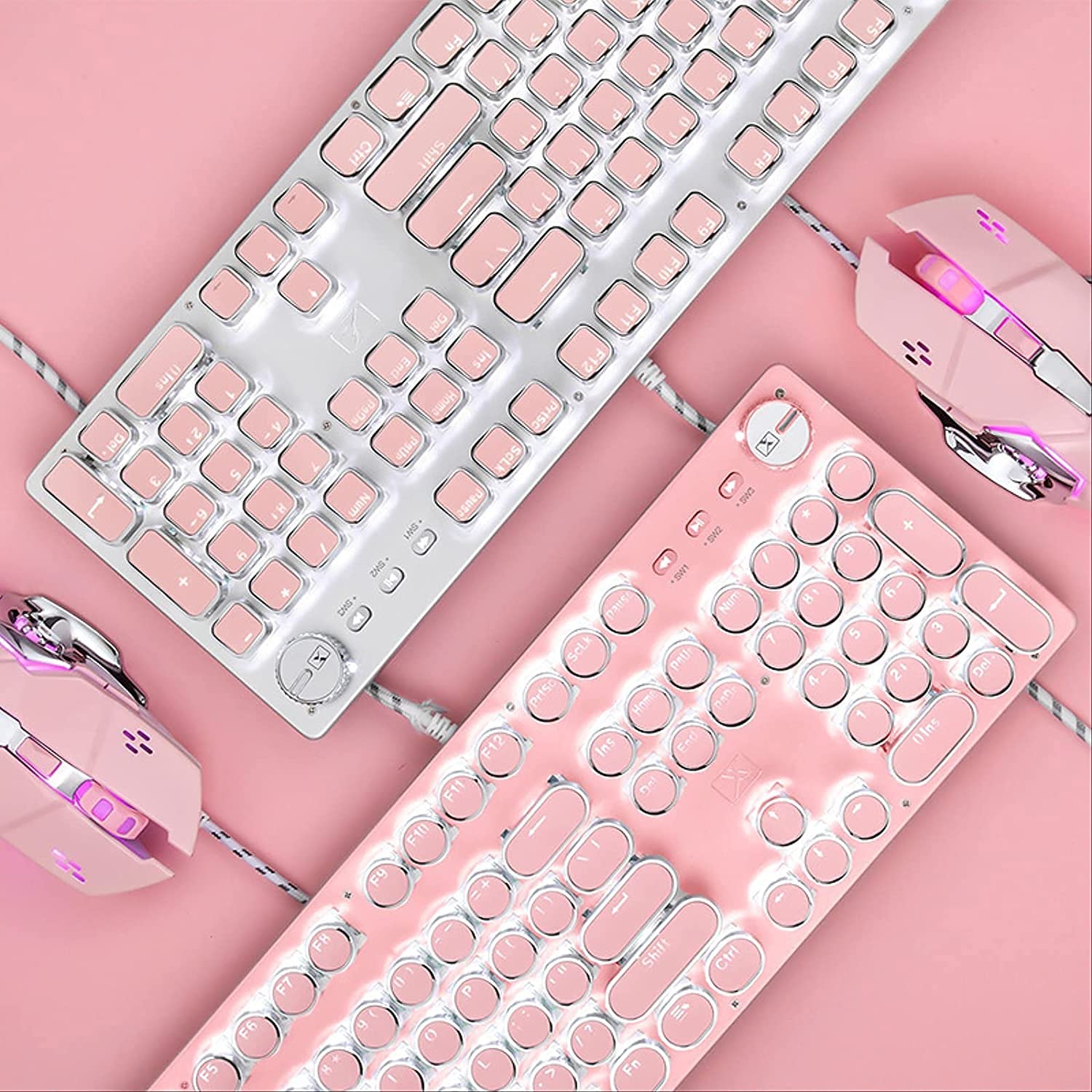 Cherry Pink Mechanical Keyboard and Mouse Set for Girls - Retro Round Keycaps, RGB Backlit, Wired USB Gaming Keyboard - Perfect for Gaming, Typing, and Office Use