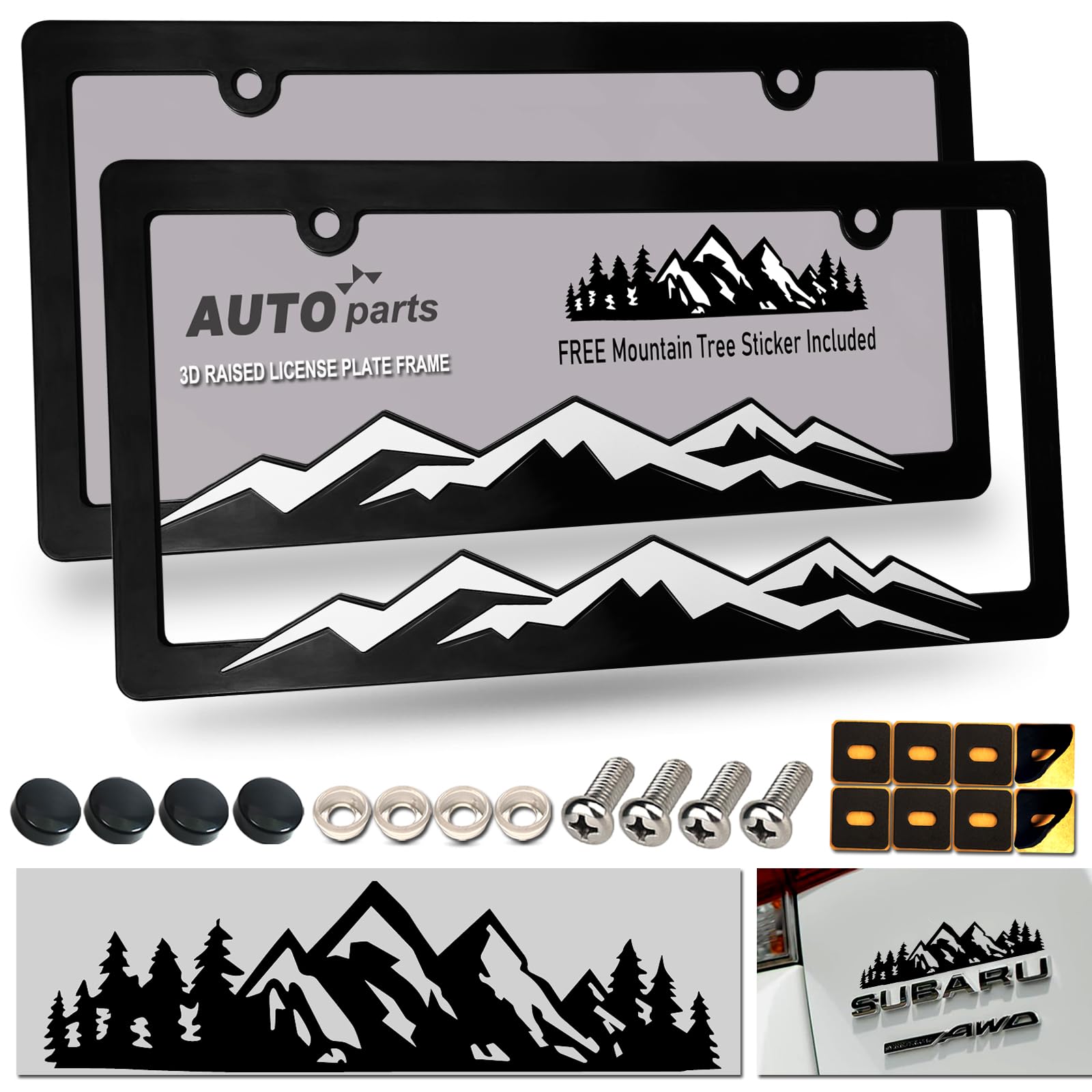 Mountain License Plate Frames - 2 Pack Black Plastic Car Tag Holder Bracket with Screw Caps & Vinyl Sticker (2 Hole, White on Black) - Perfect for Off-Road Vehicles, Trucks & SUV Customization