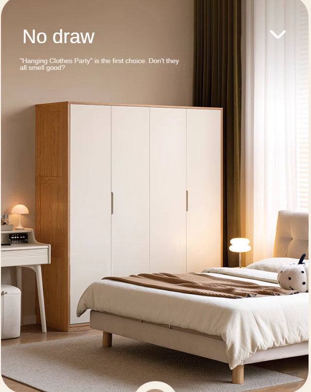 Oak Solid Wood Log Cream Style Wardrobe - Rustic Bedroom & Living Room Storage Furniture for Home Organization