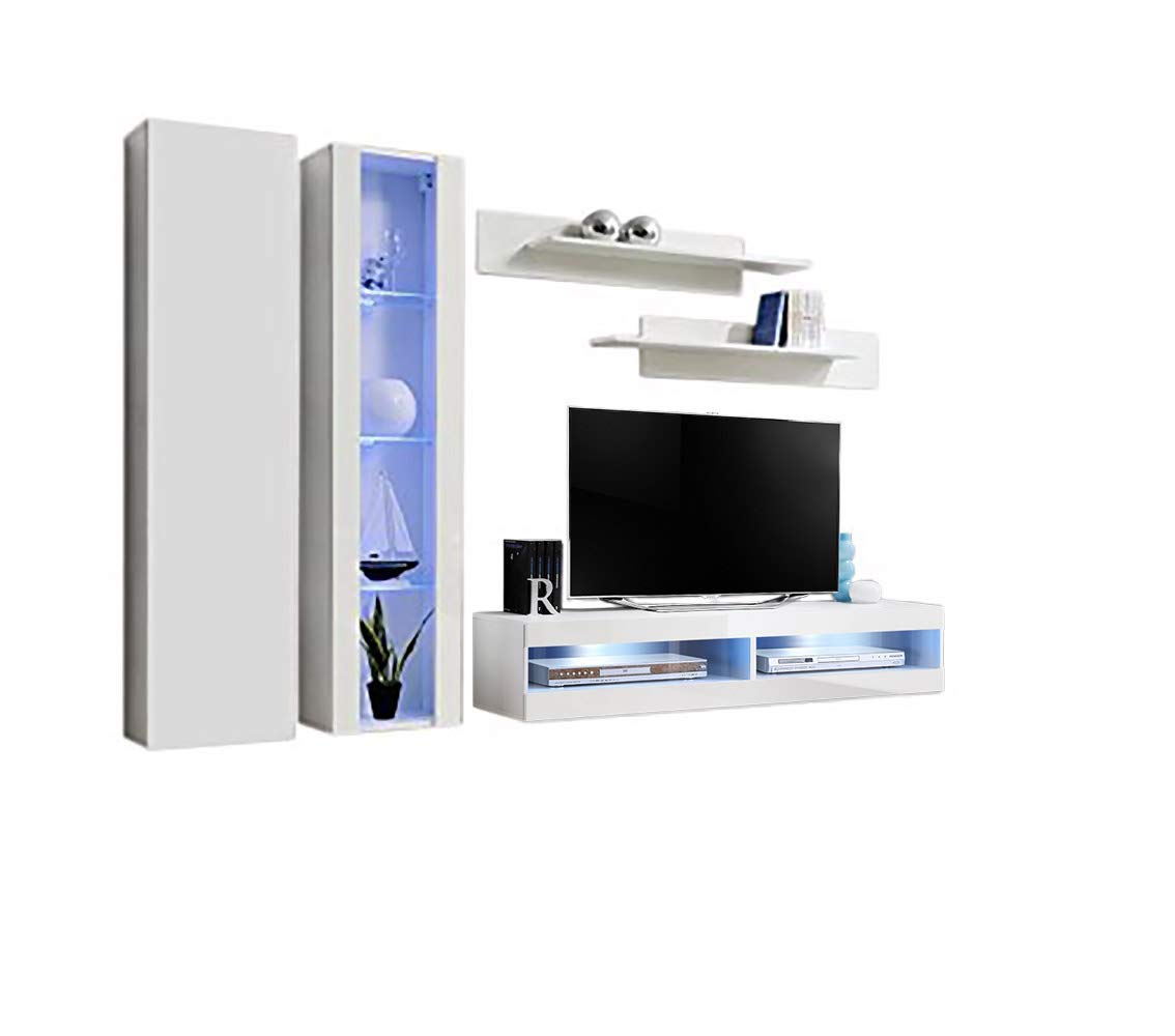Modern White Wall-Mounted TV Stand with Storage Shelves & LED Lights - Floating Entertainment Center Console for Bedroom & Living Room - Space-Saving A4 34TV Media Unit for Small Apartments & Home Theater Setup