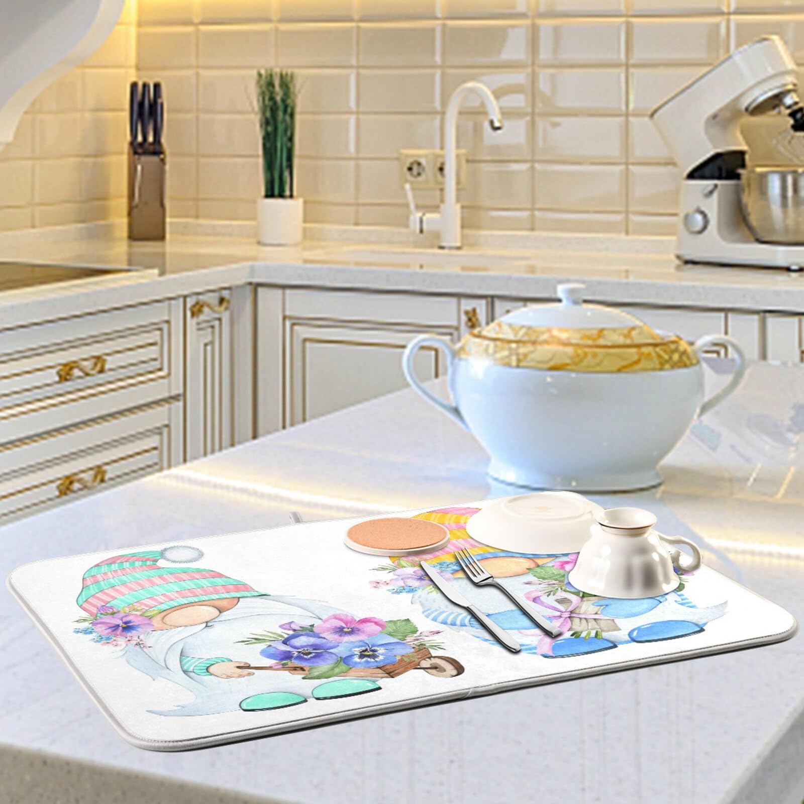 Spring Gnomes Dish Drying Mat - Absorbent Heat-resistant Kitchen Mat for Counter (18x24in) - Perfect for Drying Dishes & Decor