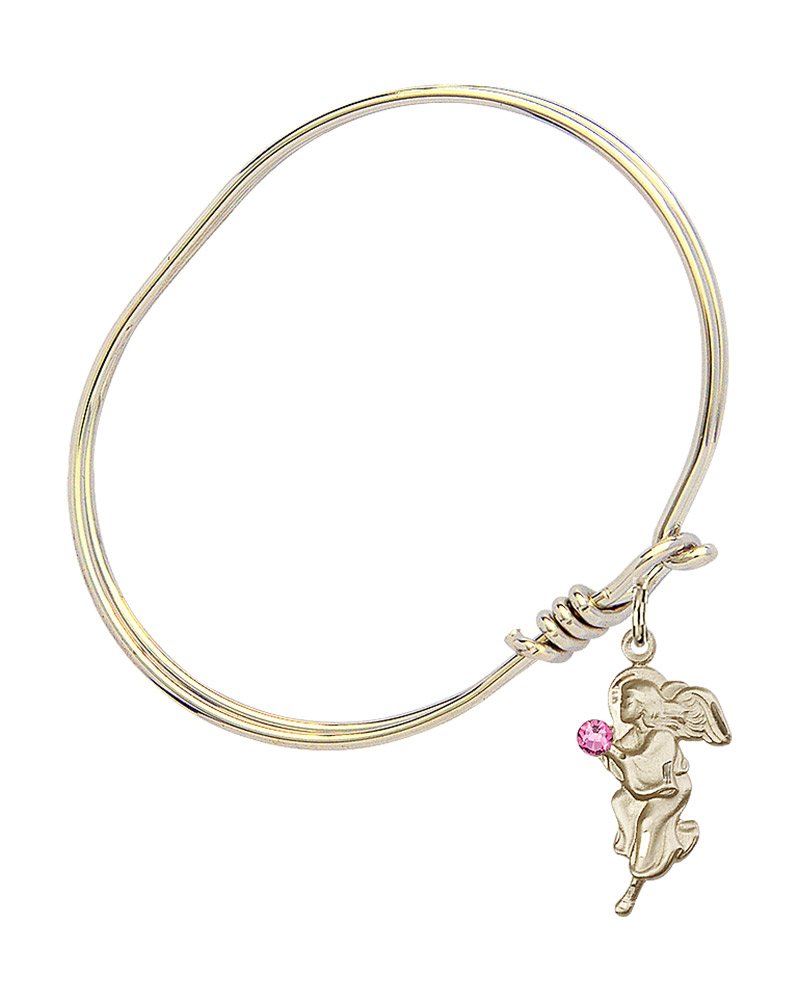 5 3/4 Inch Oval Eye Hook Bangle Bracelet with Guardian Angel Medal Charm & Rose Crystal - Elegant Jewelry for Women, Gift for Birthday, Anniversary, Christmas, and Everyday Wear