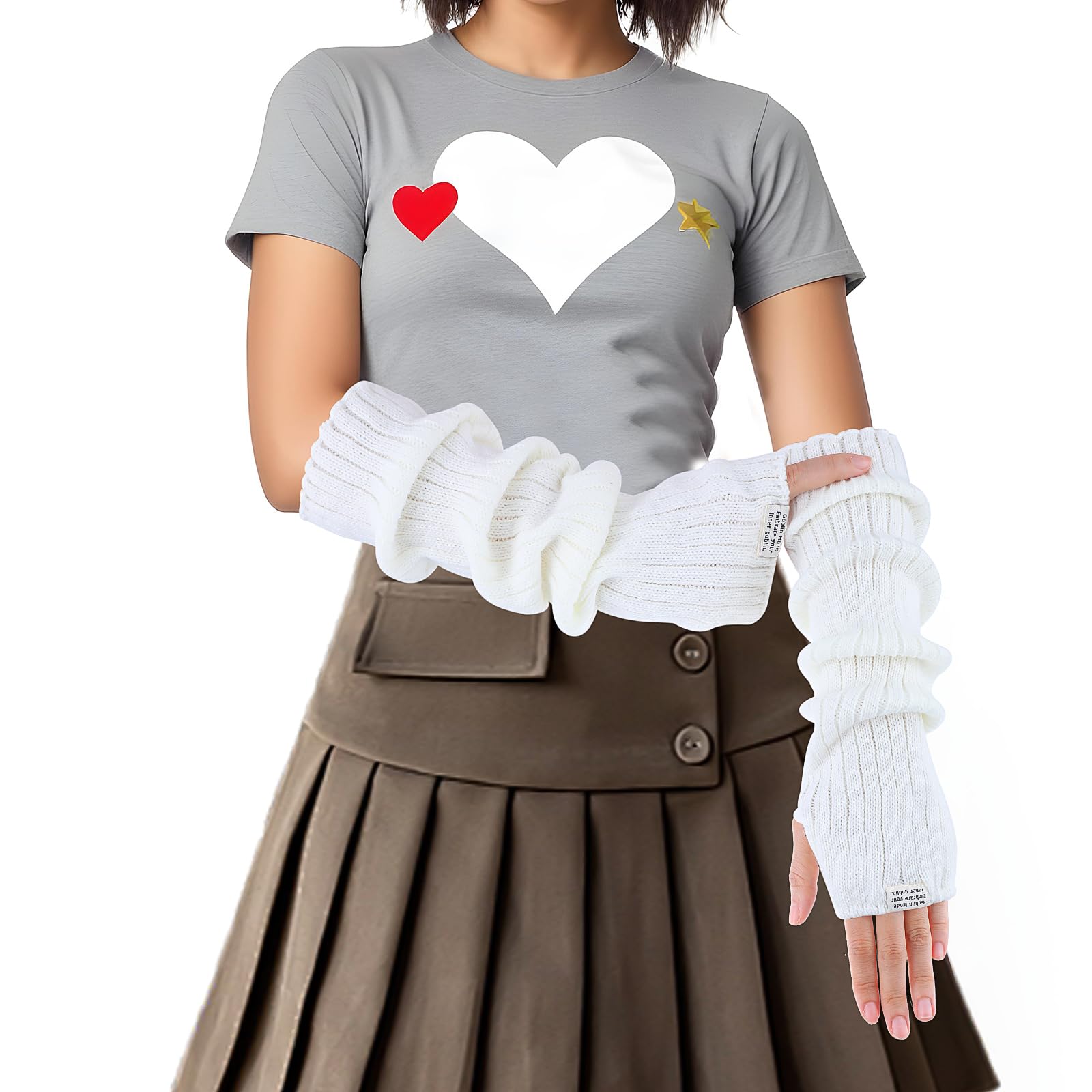 Y2K Fashion Fingerless Arm Warmers - Cute White Harajuku Knitted Long Sleeve Arm Covers for Women | Perfect for Winter, Concerts & Street Style Outfits