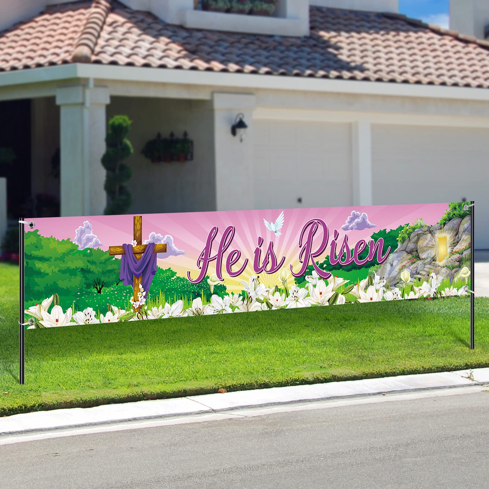 Tatuo He Is Risen Easter Banner - Large 98x18 Inch Religious Yard Sign with Christian Cross Design for Spring Decorations | Durable Fabric Fence Sign for Garden, Church, Home Indoor & Outdoor Use | Perfect for Easter Celebrations, Photo Backdrops, and Holiday Festivities