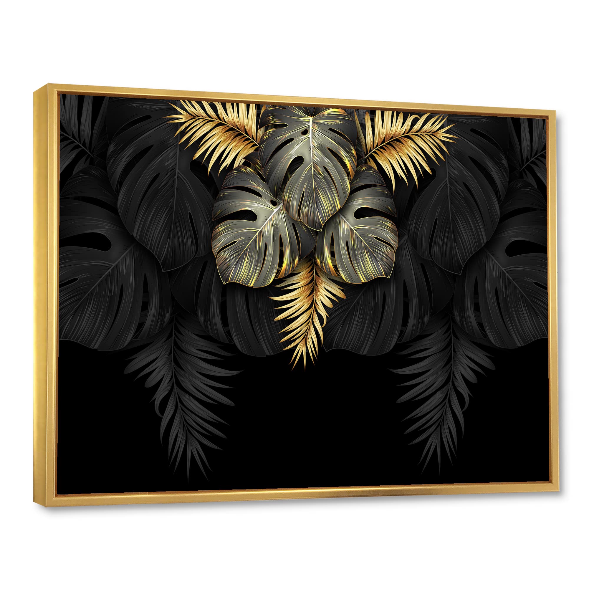 Black and Gold Tropical Leaves IV - Modern Framed Canvas Wall Art Print for Living Room, Bedroom & Office Decor | Home & Office Wall Decorations