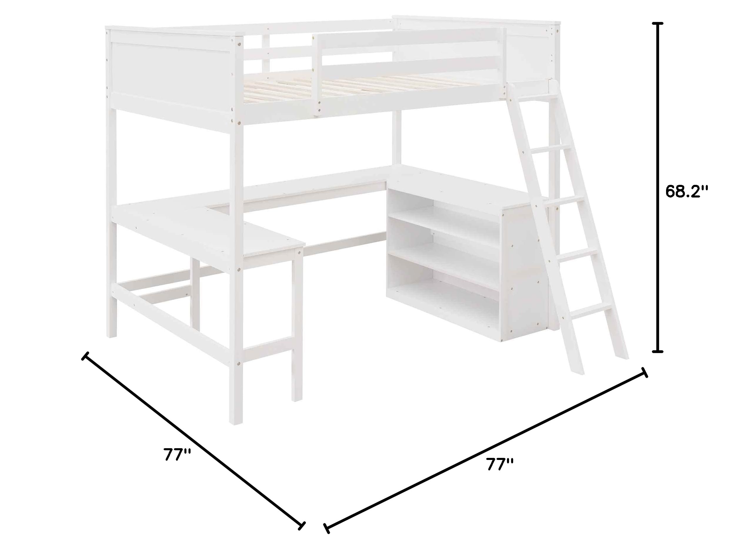 **Full Size Loft Bed with 3 Storage Shelves & Long Desk - Solid Pinewood Bed Frame with Ladder & Safety Guardrails - Space-Saving Kids & Adult Bedroom Furniture - No Box Spring Needed - White - Perfect for Small Rooms, Dorms & Apartments**