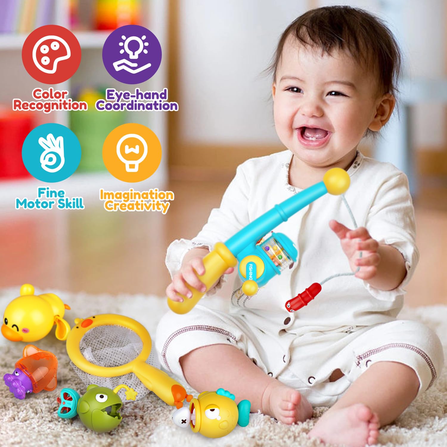 Best Baby Bath Toys for Toddlers 1-3 Years - Magnetic Fishing Game Set with Floating Wind-Up Toys, Fishing Net & Rod - Fun Bathtub & Pool Water Toys for Kids - Perfect for Sensory Play, Motor Skills Development & Bath Time Fun