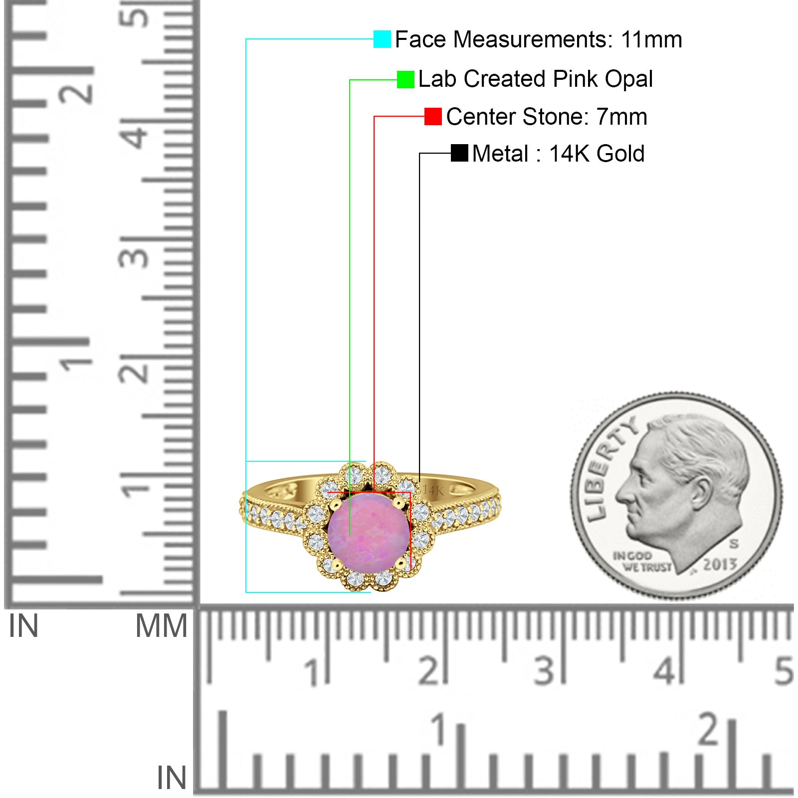 14K Yellow Gold Round Lab-Created Pink Opal Vintage Flower Ring for Women – Elegant Boho Jewelry Gift for Bridesmaids, Valentine’s Day & Special Occasions