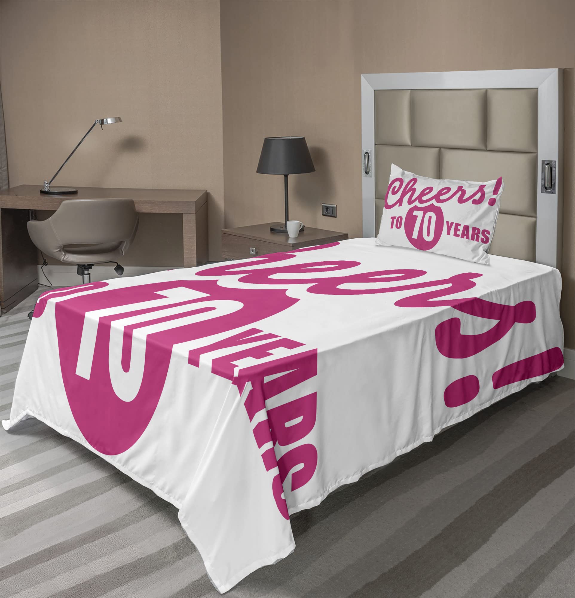 Ambesonne 70th Birthday Bedding Set - Cheers to 70 Years Calligraphy Design 3-Piece Sheet Set with Fitted Sheet, Flat Sheet & Pillowcase - Twin XL Size in Hot Pink & Black - Perfect for Birthday Parties, Anniversary Gifts & Themed Bedroom Decor