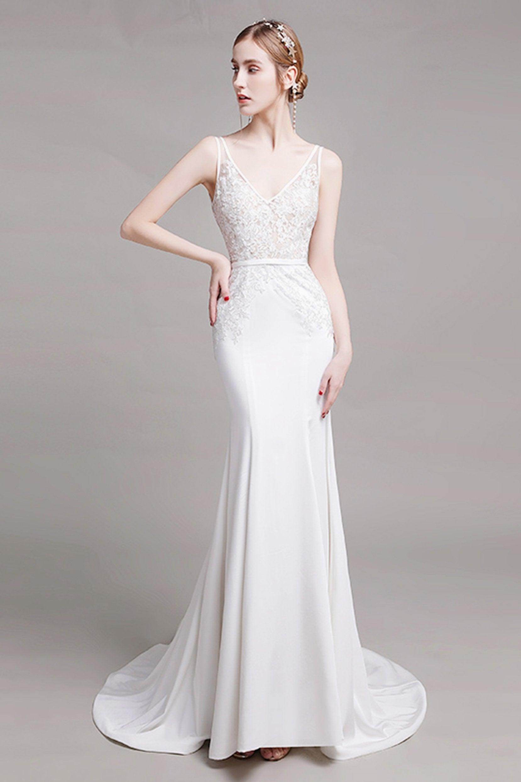 Elegant Mermaid Sweep Train Lace Stretch Satin Wedding Dress CW2762 | Romantic Beach & Church Bridal Gown for Special Occasions