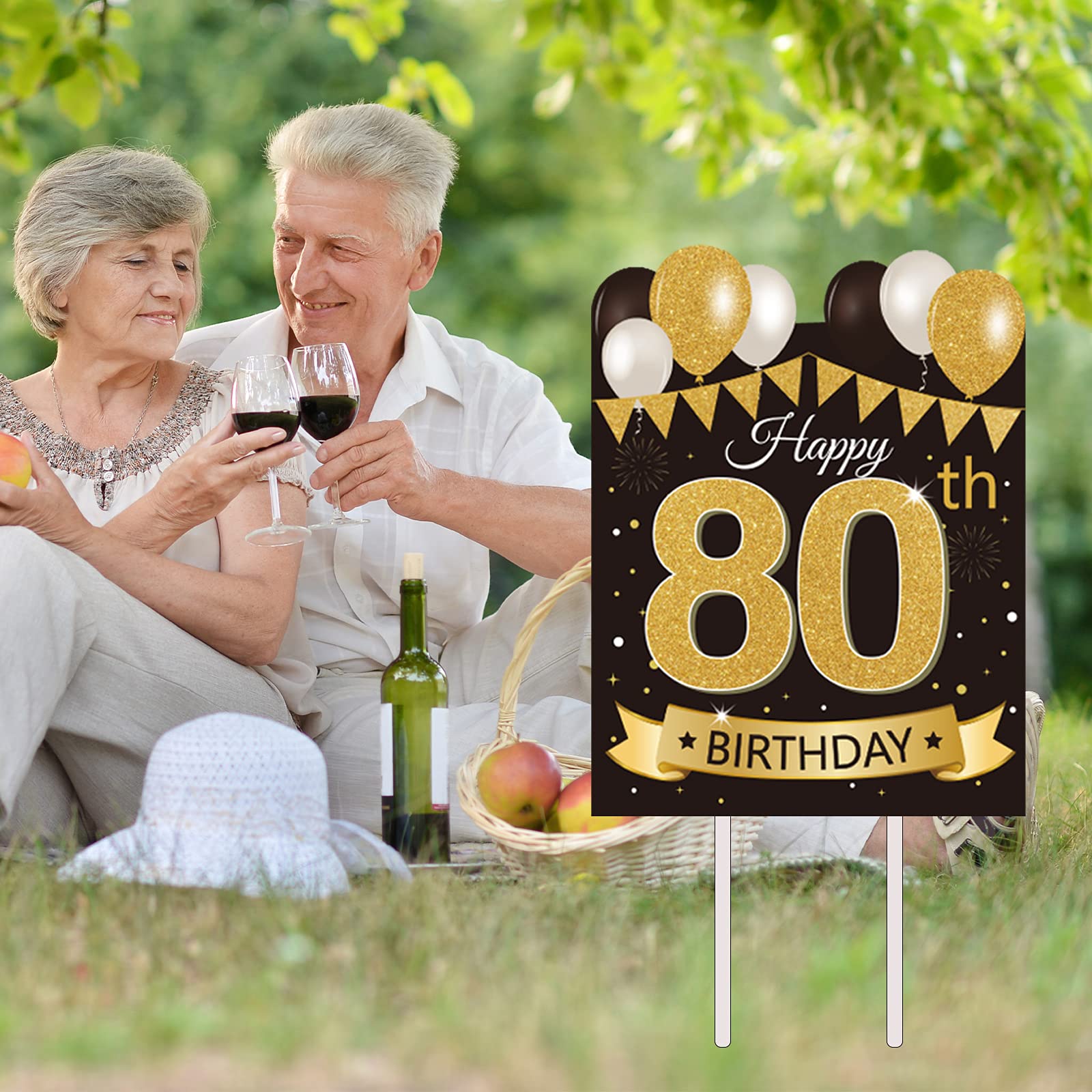 Large Happy 80th Birthday Party Yard Sign - Black & Gold 80th Birthday Lawn Decor with Stakes | Outdoor Celebration Decorations for Anniversary, Retirement & Milestone Events