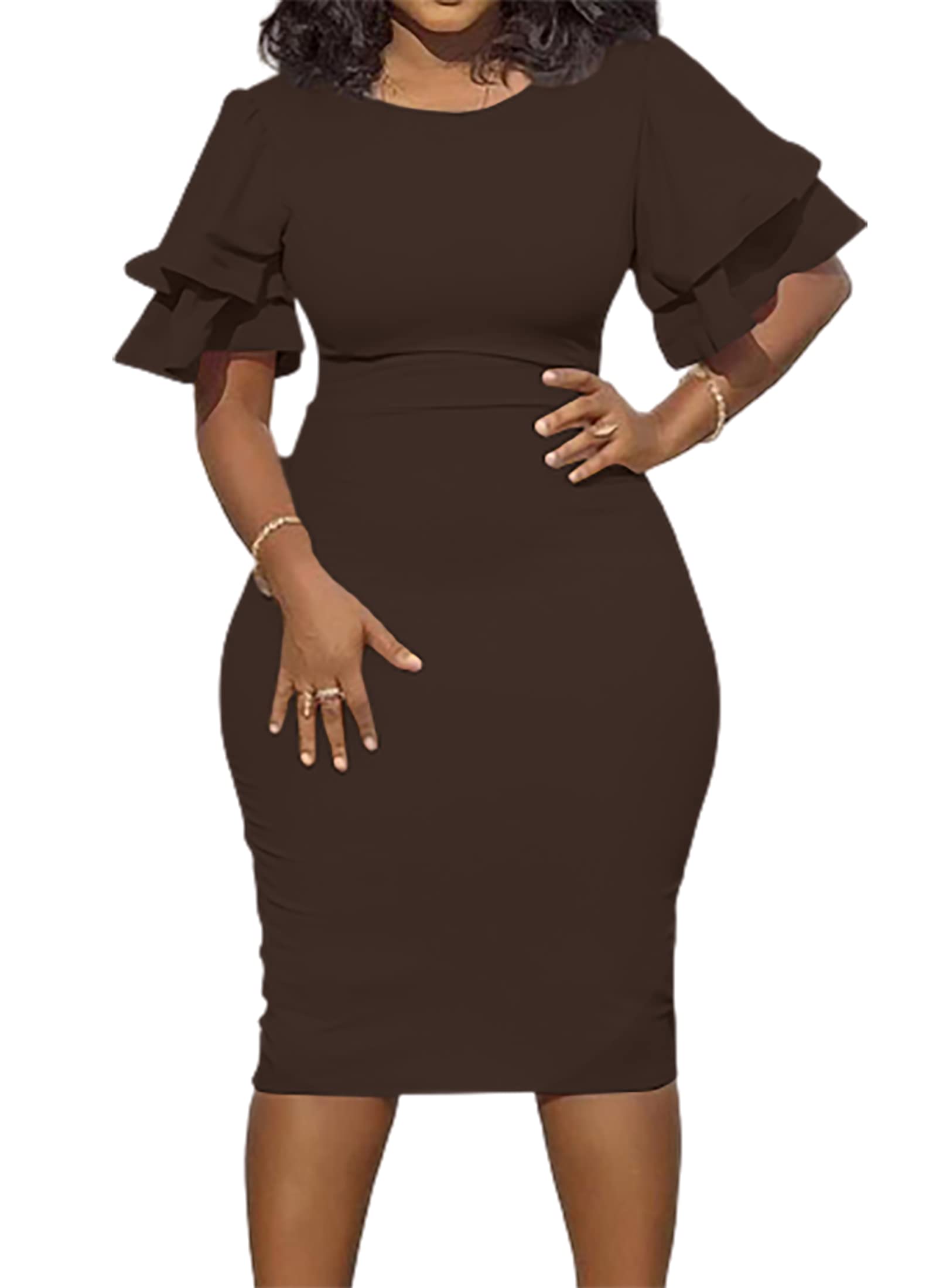 Elegant Women's Midi Pencil Dress with Ruffle Sleeves & Round Neck - Bodycon Cocktail Party Formal Dress for Evening Events, Weddings & Office Wear