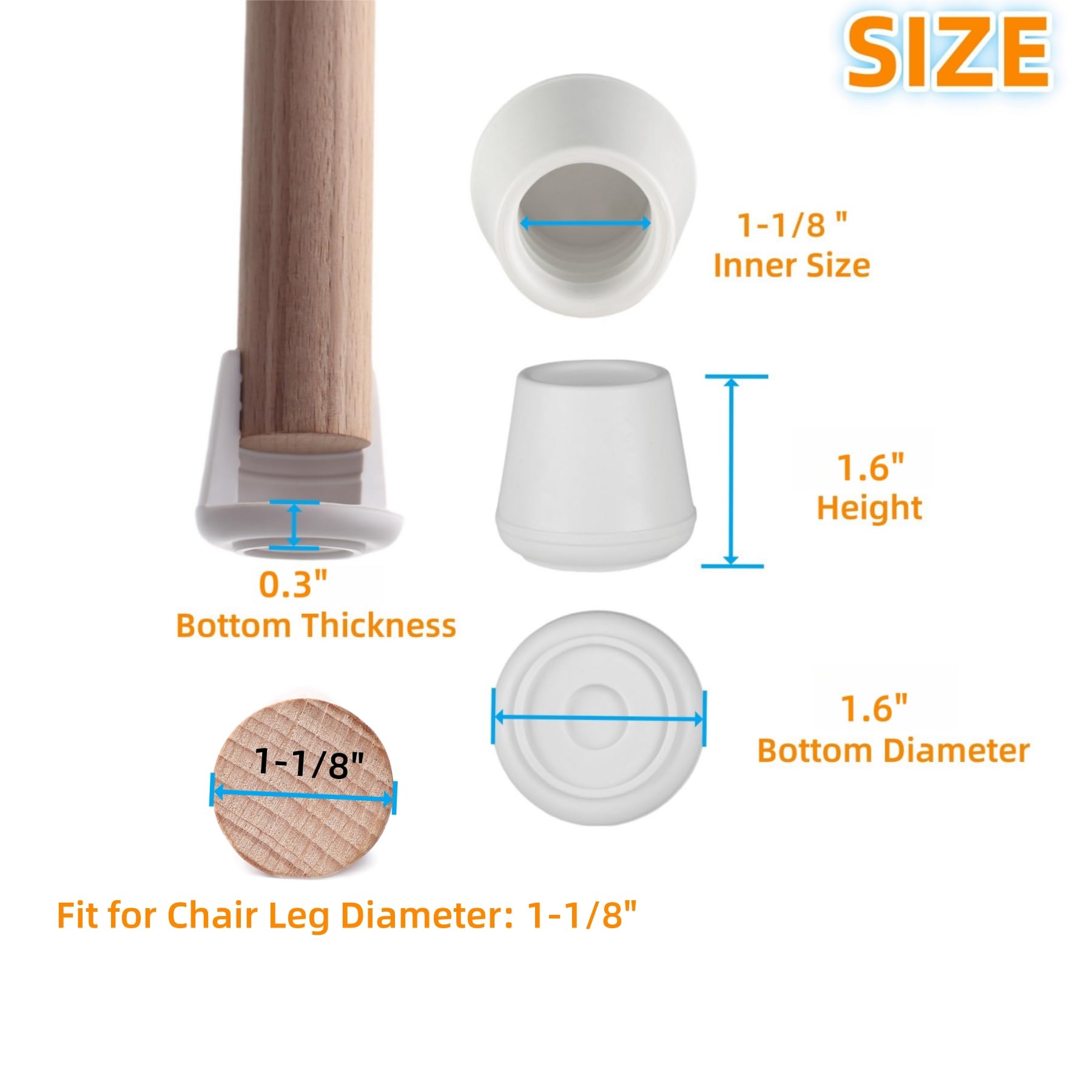 Non-Slip Rubber Chair Leg Tips 1-1/8