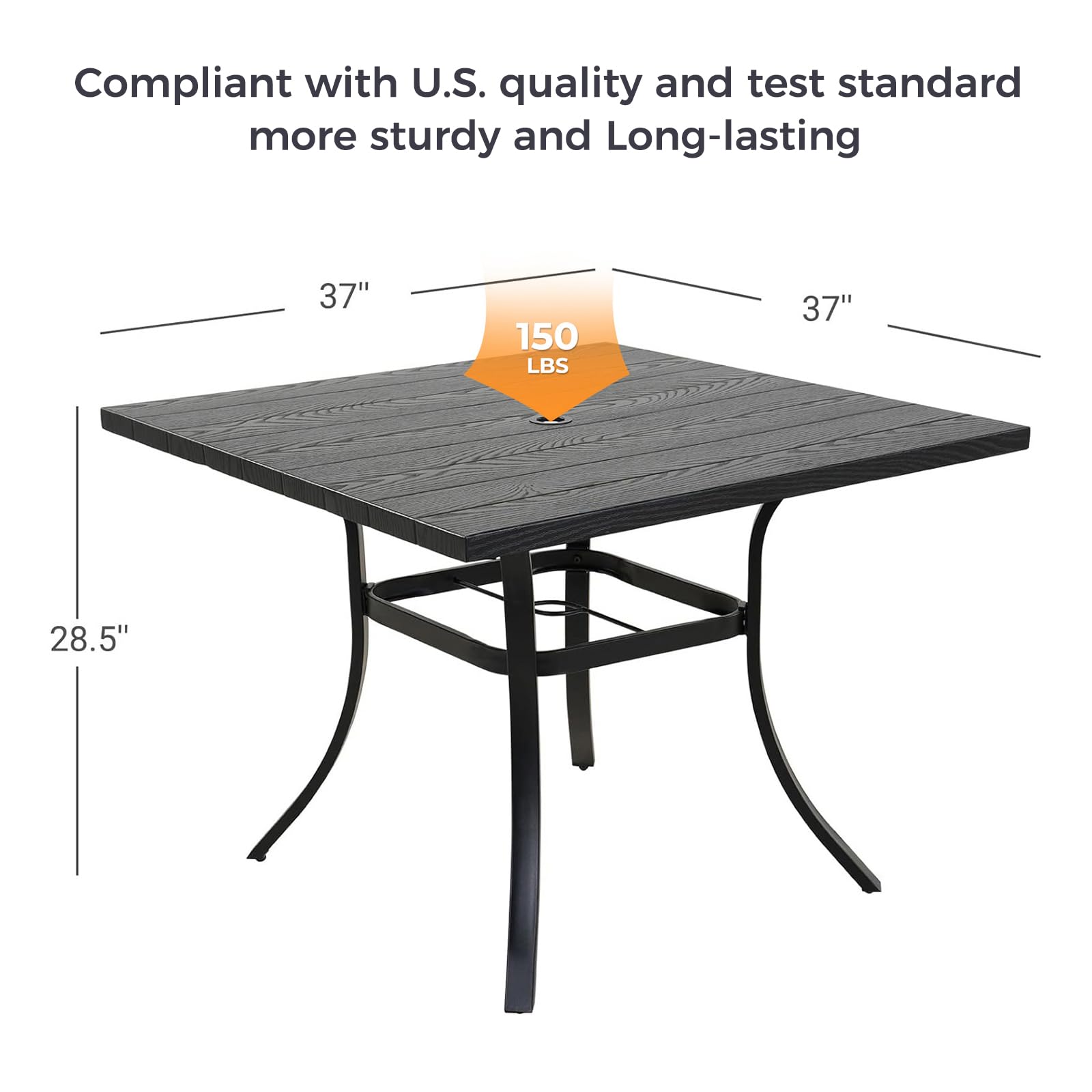 37-Inch Square Outdoor Dining Table - Weather-Resistant Patio Picnic Table with Woodgrain Finish & 1.5
