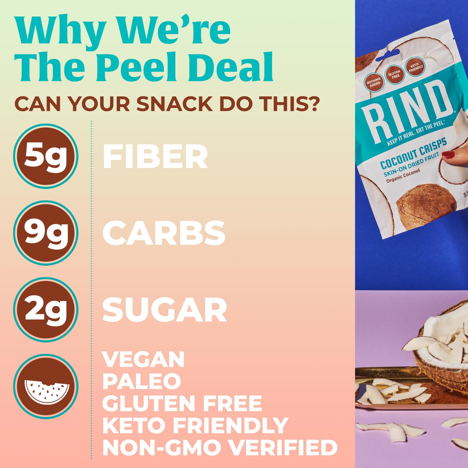 RIND Snacks All Natural Coconut Crisps - Unsweetened Dried Fruit Superfood, Low Carb High Fiber Keto Gluten Free Vegan Paleo Snack Chips - Perfect for Healthy On-the-Go Snacking, Office Lunch, and Travel - 3.5oz (3 Pack)