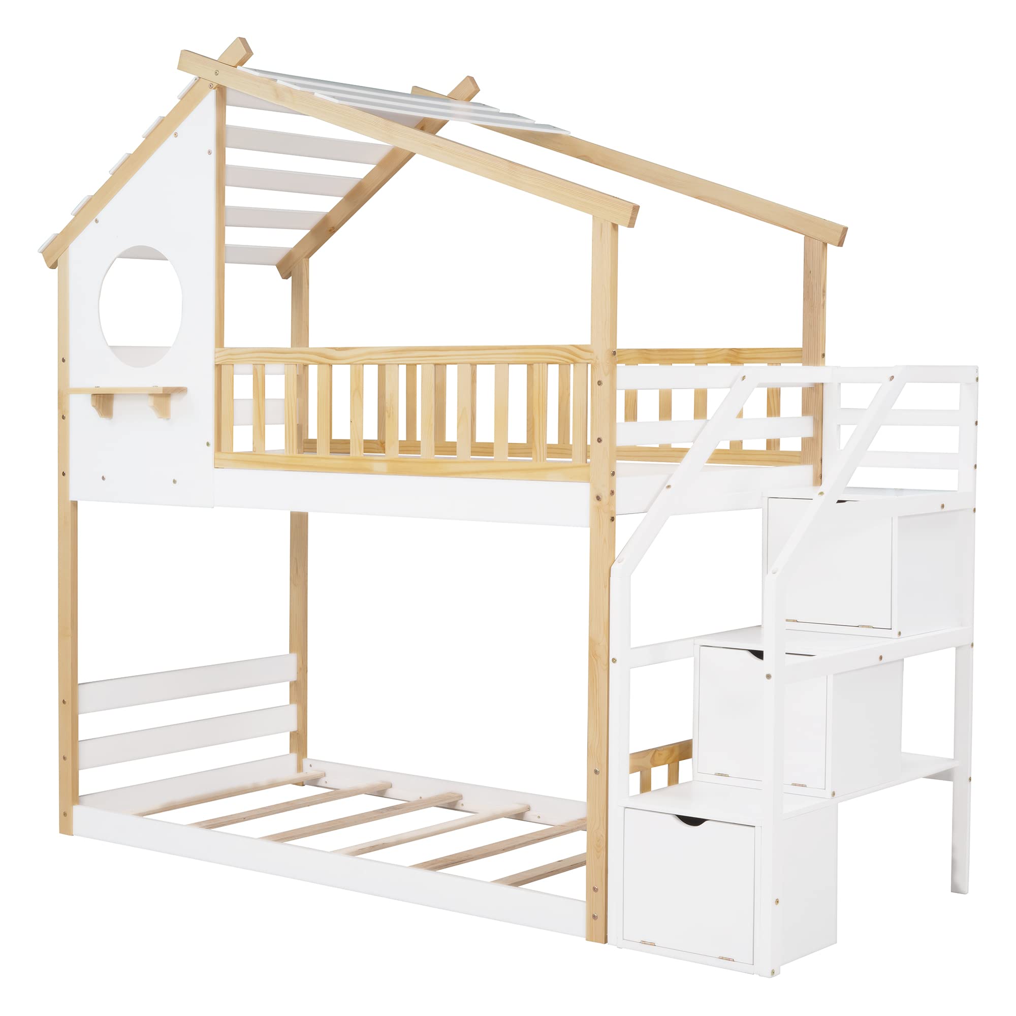 MERITLINE Twin Over Twin Low Bunk Bed with Roof & Stairs - Solid Wood Bunk Bed for Kids, Girls & Boys in Natural White Finish | Space-Saving Bedroom Solution for Siblings & Sleepovers
