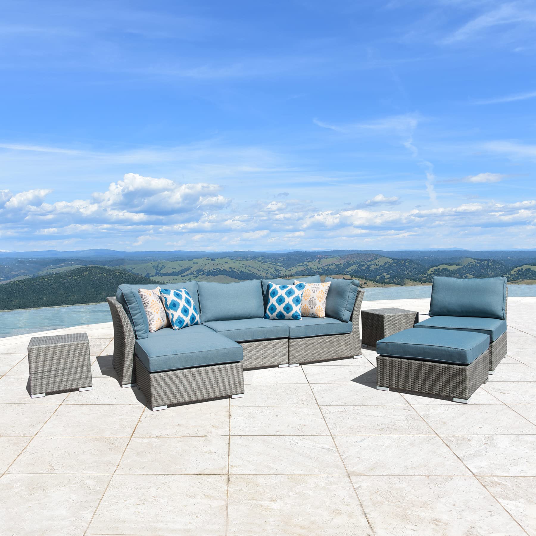 Premium 8-Piece Outdoor Wicker Furniture Set - 6-Seater Patio Sofa with Thick Cushions, 4 Seats, 2 Ottomans & 2 Coffee Tables - All-Weather Rattan Deck Conversation Set for Backyard, Garden, Poolside & Patio Relaxation