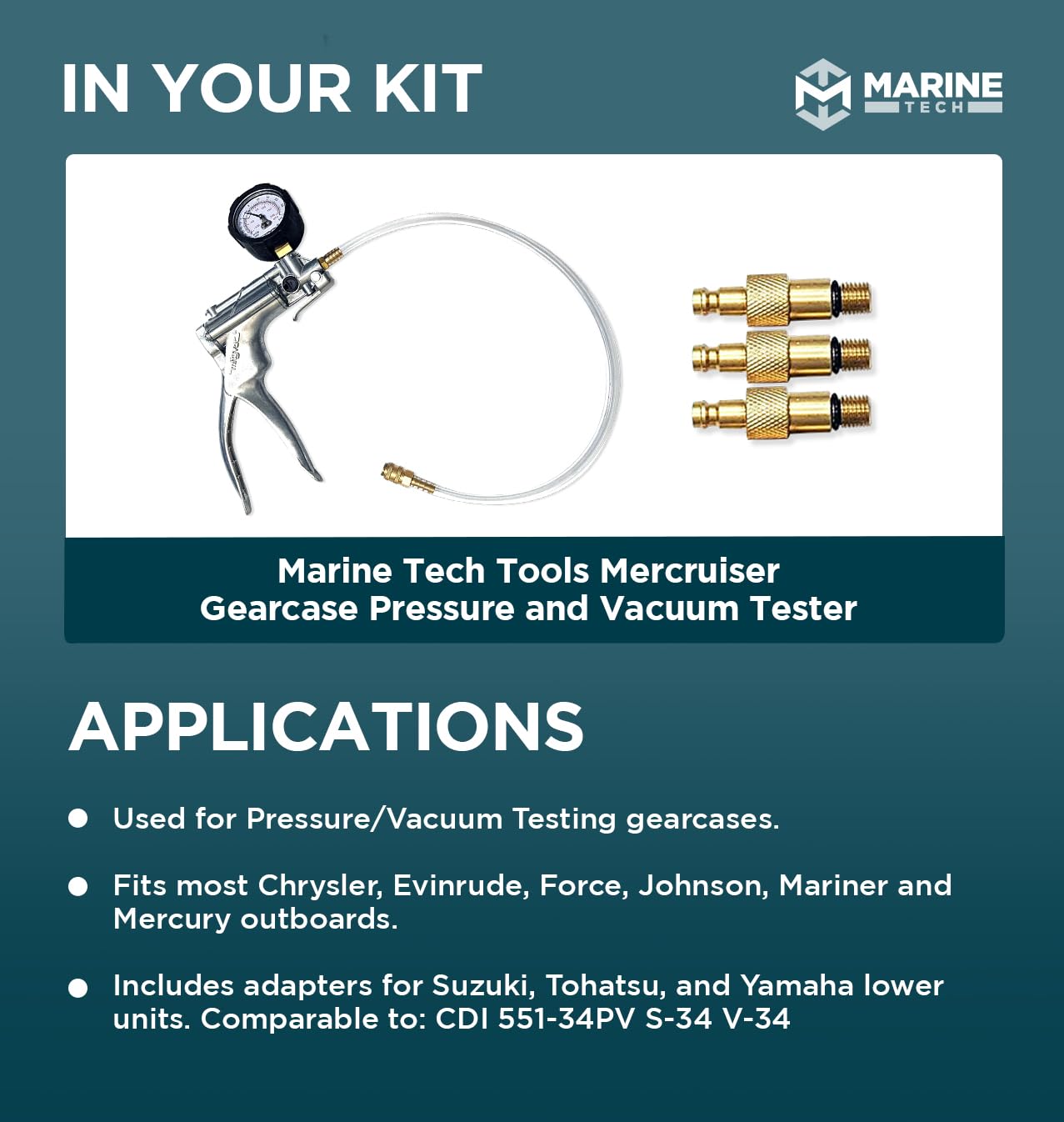 Marine Tech Professional Gearcase Pressure and Vacuum Tester Kit - Compatible with Chrysler, Evinrude, Force, Johnson & Mercury Outboard Motors - Perfect for Marine Engine Maintenance and Repair