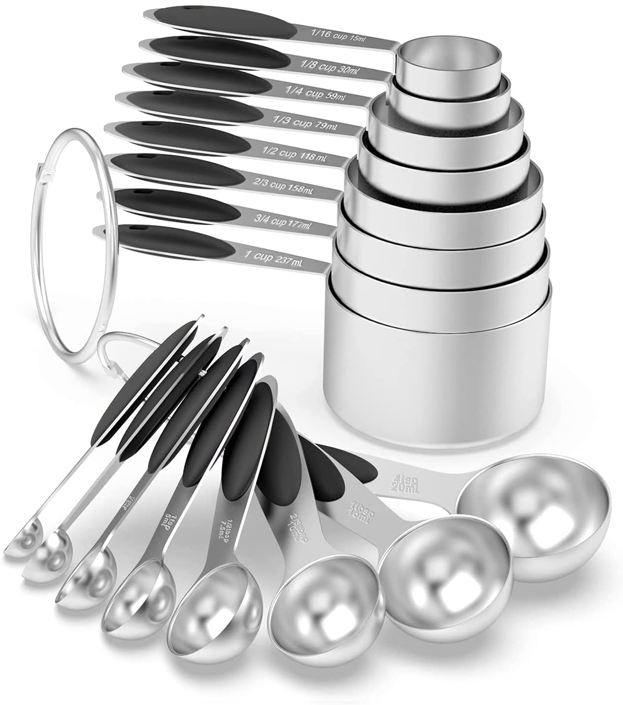 Premium 16-Piece Stainless Steel Measuring Cups and Spoons Set with Ergonomic Black Silicone Handles - Includes 8 Nesting Measuring Cups & 8 Spoons for Dry/Liquid Ingredients - Perfect for Baking, Cooking, Meal Prep & Kitchen Organization