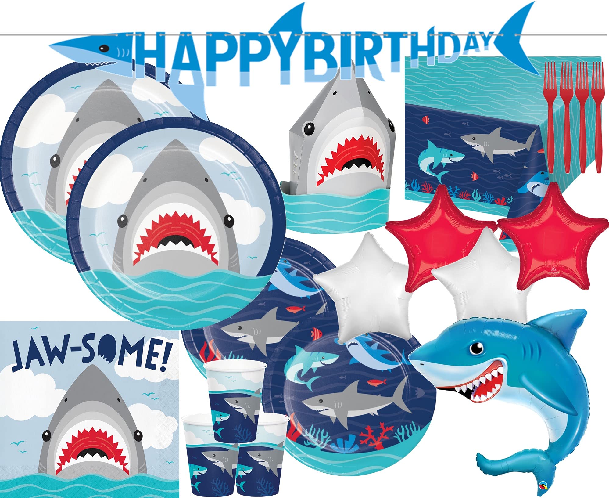Shark Themed Party Supplies Set - 16-Piece Dinner Plates, Napkins, Cups, Tablecloth, Forks, Decorations & Balloons for Kids Birthday or Ocean Theme Celebration | Perfect for 16 Guests Shark Party Decorations