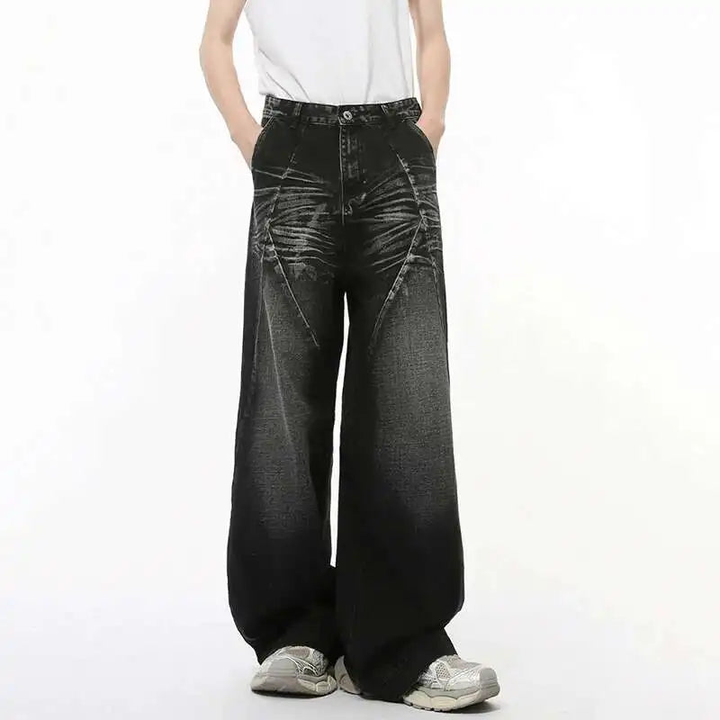 American Style Men's Denim Jeans - Washed Cat Whisker Design with 3D Patchwork, Straight Leg Streetwear Pants for Men (Style 9C8202) | Perfect for Casual Outings, Street Fashion and Everyday Wear