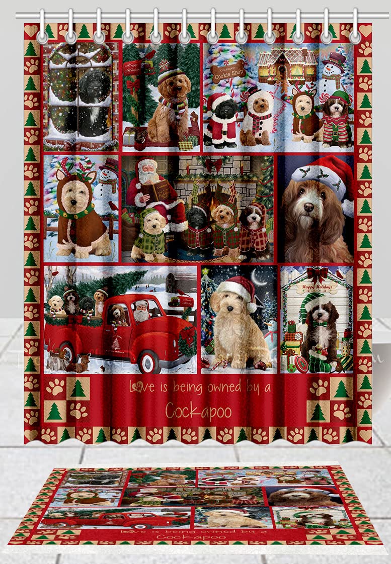 Christmas Cockapoo Dog Shower Curtain & Bath Mat Set - Anti-Slip Bathroom Decor with Hooks, Plush Polyester Rug (16''x28'') & Bathtub Curtain (48