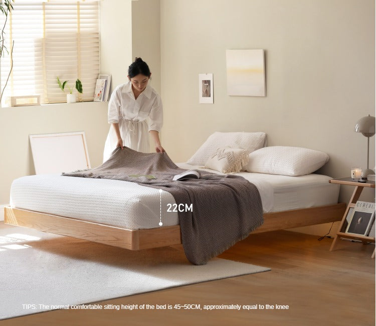 Solid Oak Wood Floating Platform Bed - No Headboard Modern Minimalist Bed Frame with LED Lights for Bedroom, Guest Room, or Studio Apartment