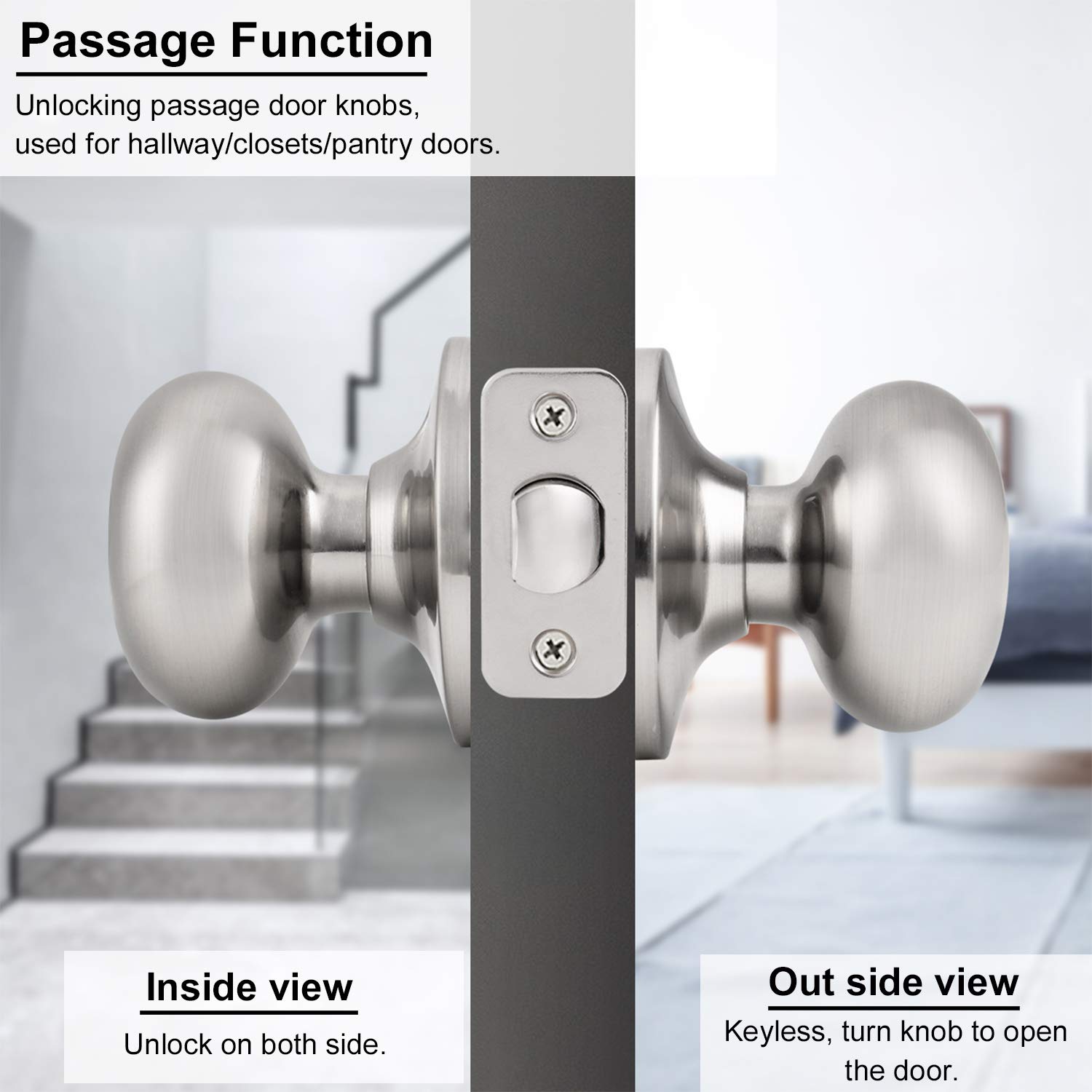 6 Pack Passage Door Knob Sets - Round Interior Door Handles Without Keys - Perfect for Hallways, Closets & Bedrooms - Smooth Operation & Easy Installation
