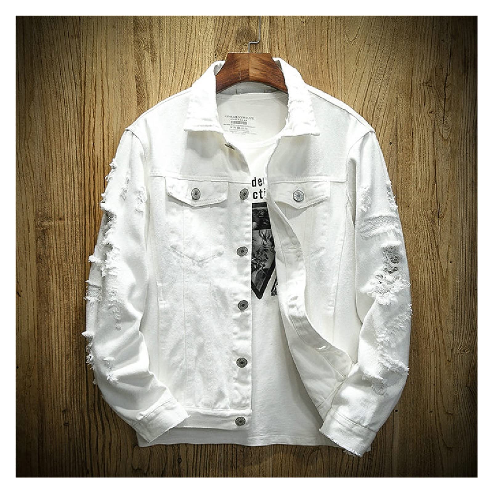 WSSBK Men's Slim Fit Cotton Denim Jacket - Distressed Ripped Hole Design, Plus Size XXXXX-Large in White | Casual Spring & Autumn Outerwear for Street Style