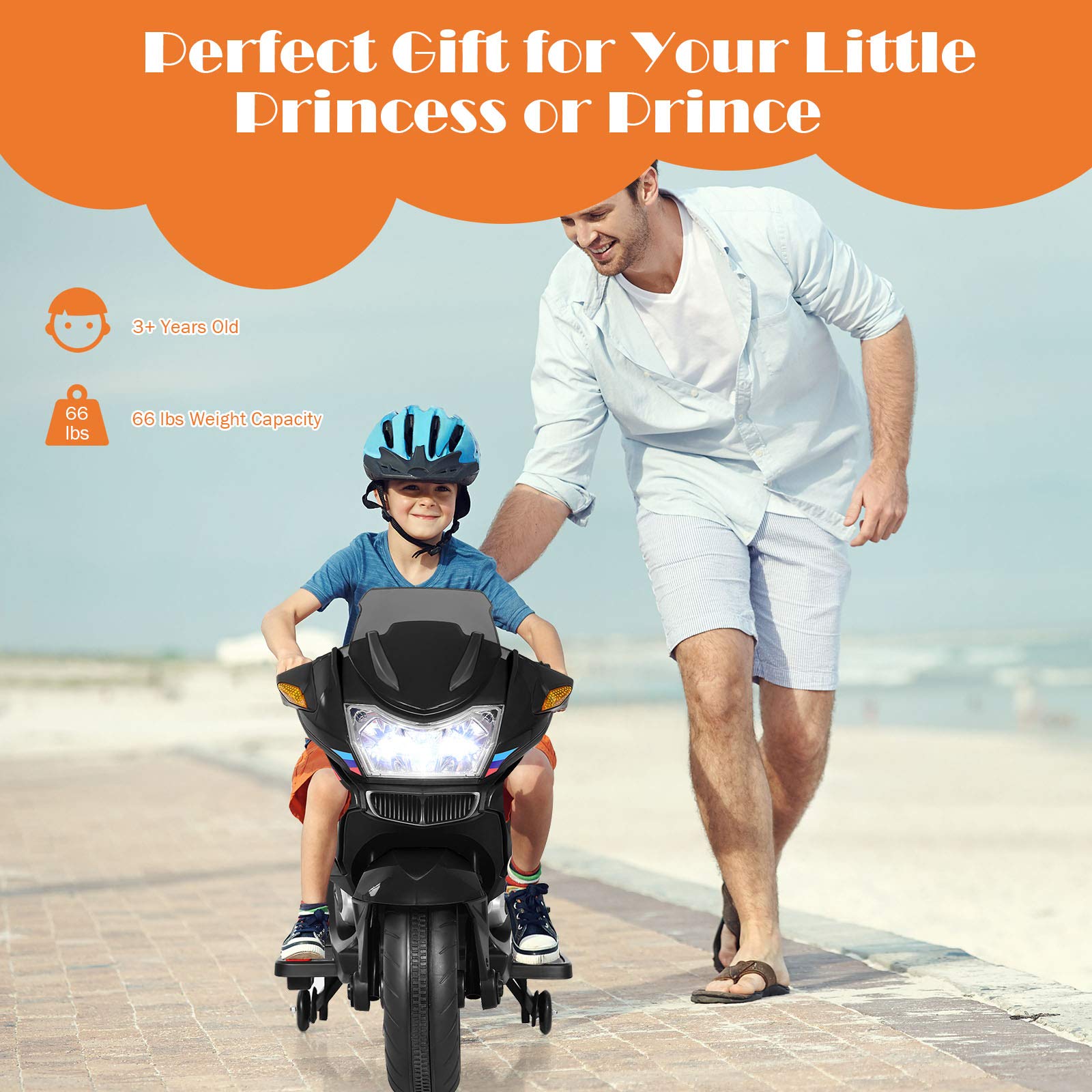 Costzon 12V Electric Kids Ride On Motorcycle with Training Wheels, LED Lights & Music - Battery Powered Toy Motorcycle for Boys & Girls, Forward/Reverse with Pedal - Perfect Birthday Gift for Toddlers (Black) | Outdoor Play, Backyard Fun, Preschool Learning Toy