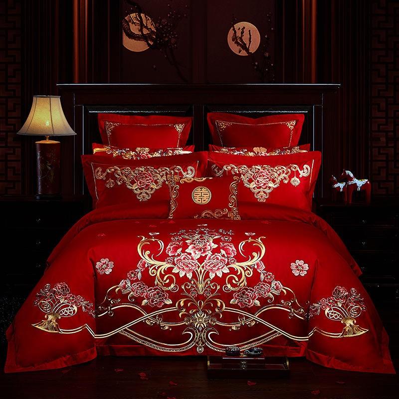 Luxury 100% Cotton Oriental Embroidery Wedding Bedding Set - Queen Size Red Floral Duvet Cover & Pillowcases for Romantic Bedroom Decor, Bridal Shower Gift, Chinese Style Home Textiles